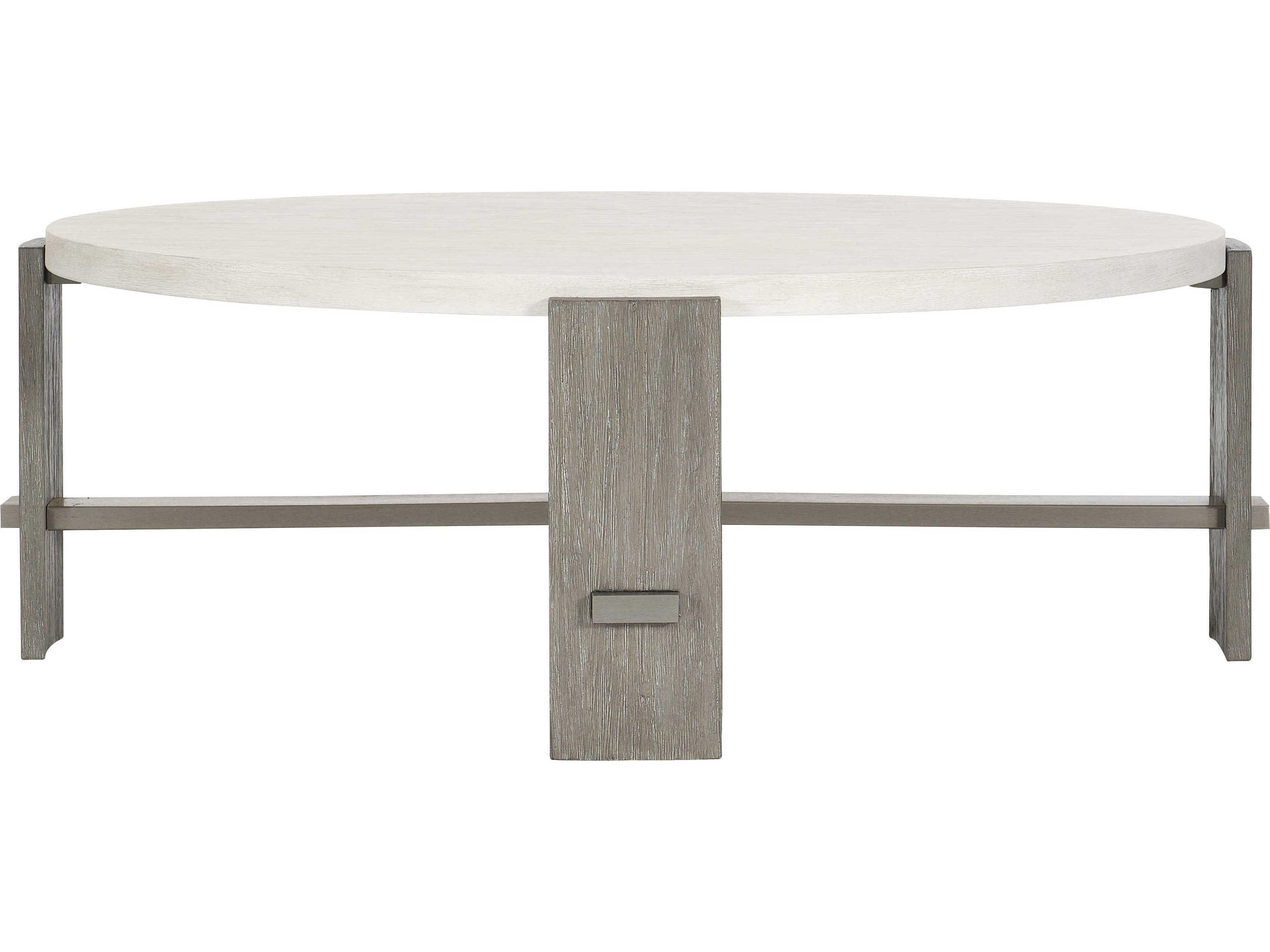 Bernhardt Foundations Round Wood Linen Light Shale Cocktail Table