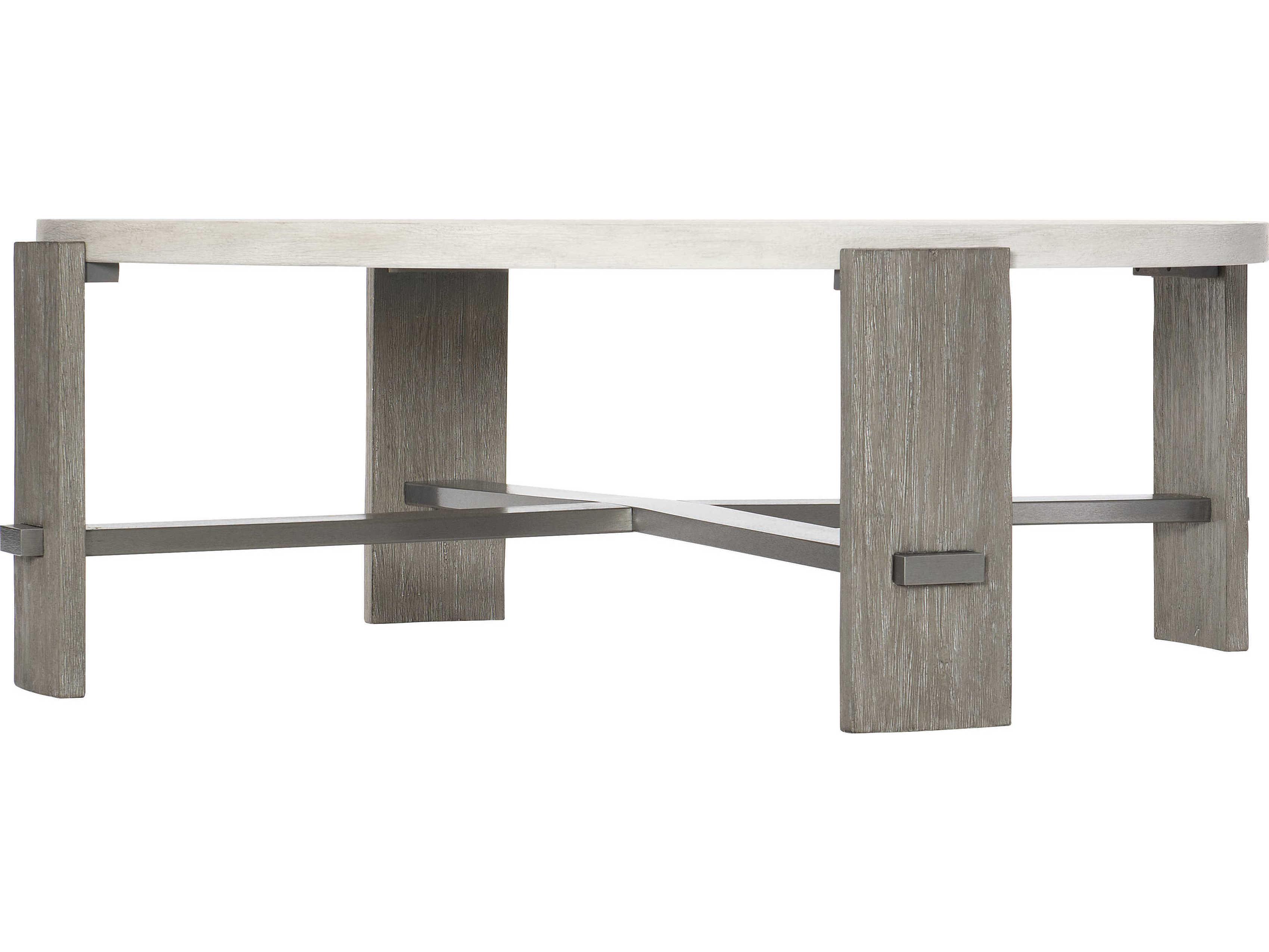 Bernhardt Foundations Round Wood Linen Light Shale Cocktail Table