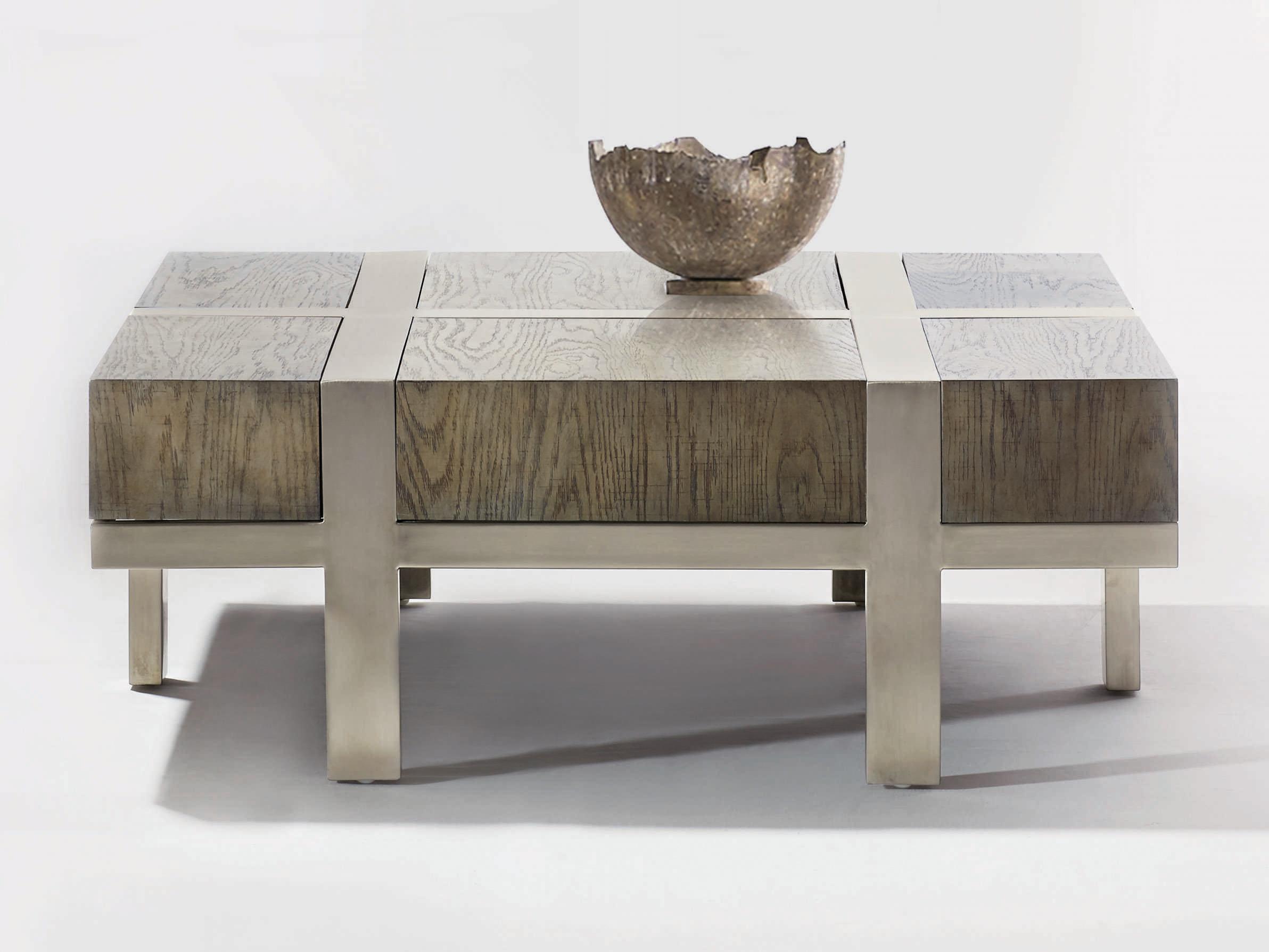Bernhardt Interiors Casegoods Leigh Square Wood Rustic Gray Tarnished Nickel Cocktail Table