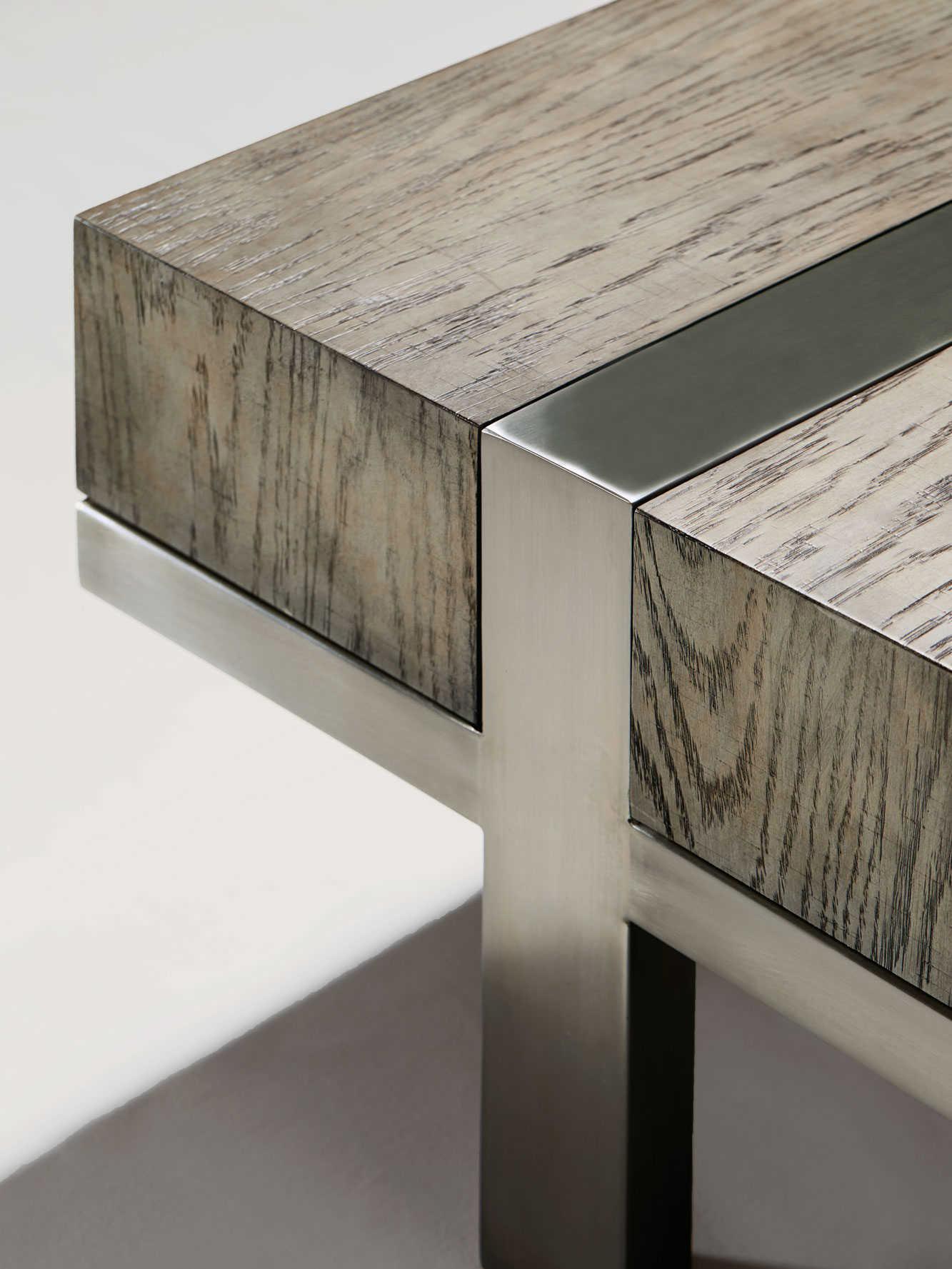 Bernhardt Interiors Casegoods Leigh Square Wood Rustic Gray Tarnished Nickel Cocktail Table