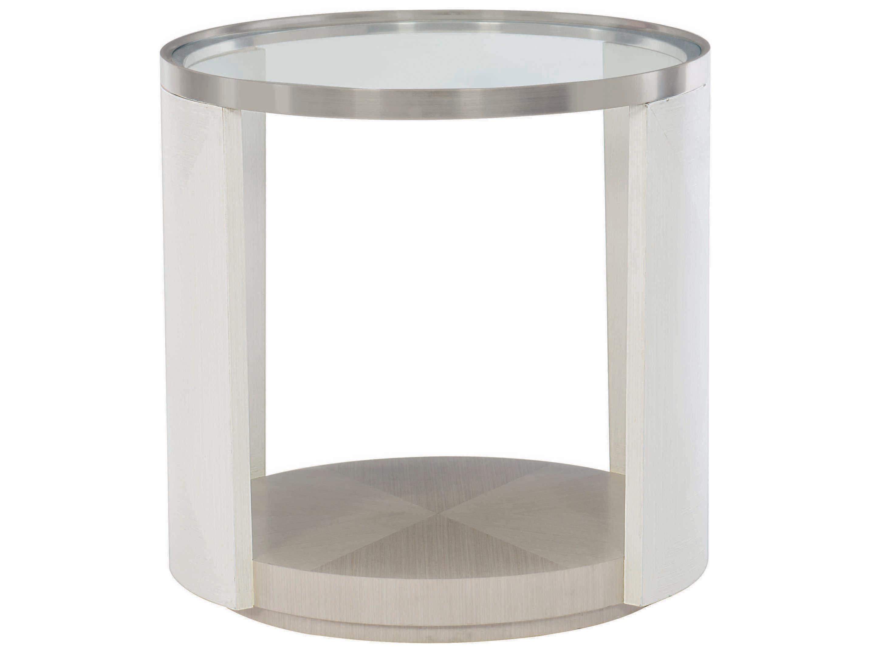 Bernhardt Axiom Round Glass Linear Gray White Brushed Silver Chairside Table