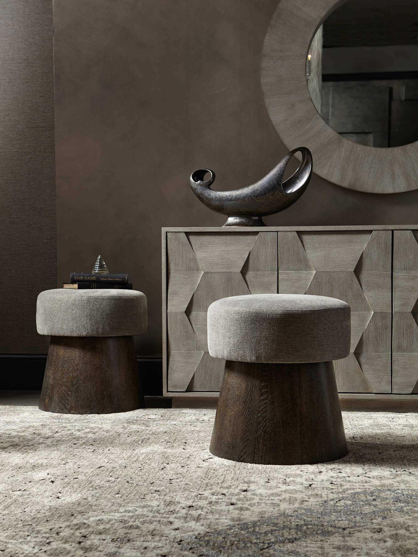 Bernhardt Linea Cerused Charcoal Gray Upholstered Accent Stool