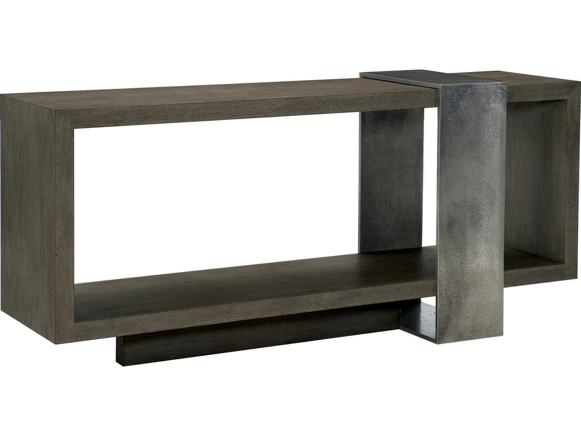 Bernhardt Linea Rectangular Wood Cerused Charcoal Textured Graphite Metal Console Table