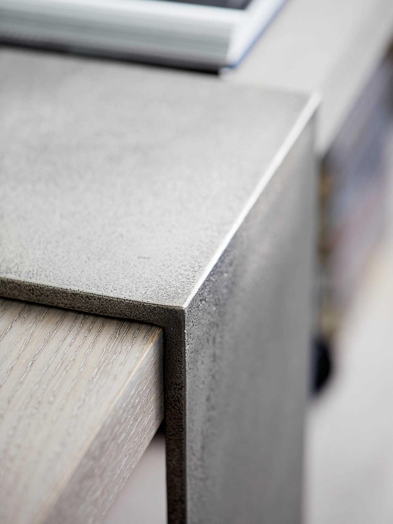 Bernhardt Linea Rectangular Wood Cerused Greige Textured Graphite Metal Console Table