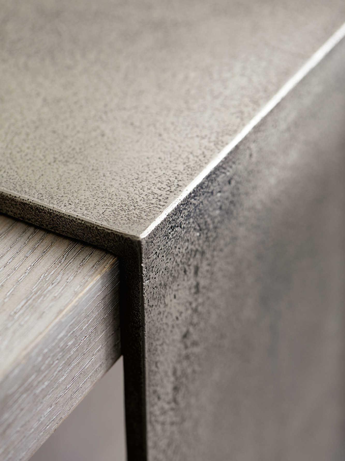 Bernhardt Linea Rectangular Wood Cerused Greige Textured Graphite Metal Console Table