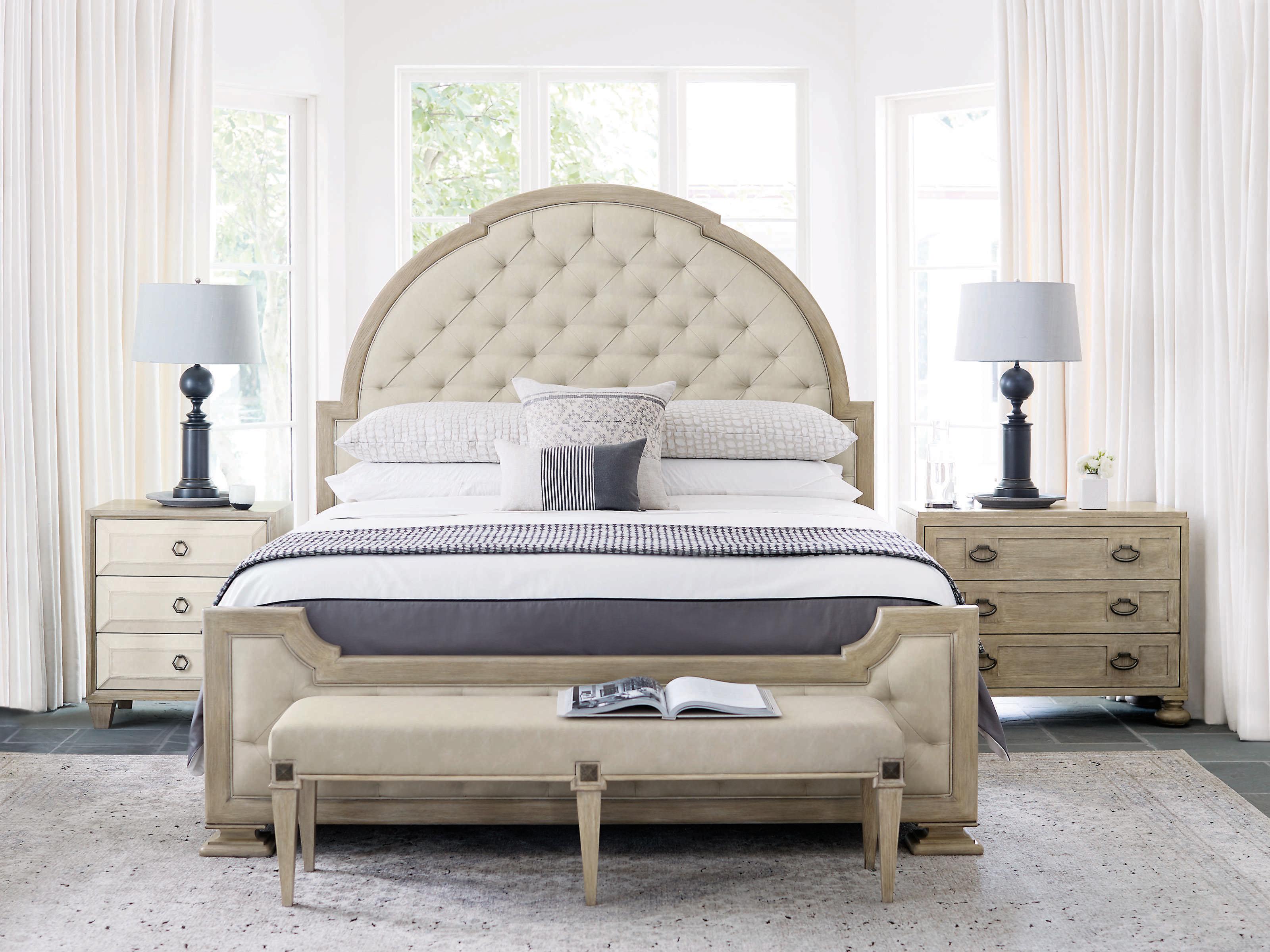 Bernhardt Santa Barbara Sandstone Vintage Nickel Metal Beige Upholstered Accent Bench