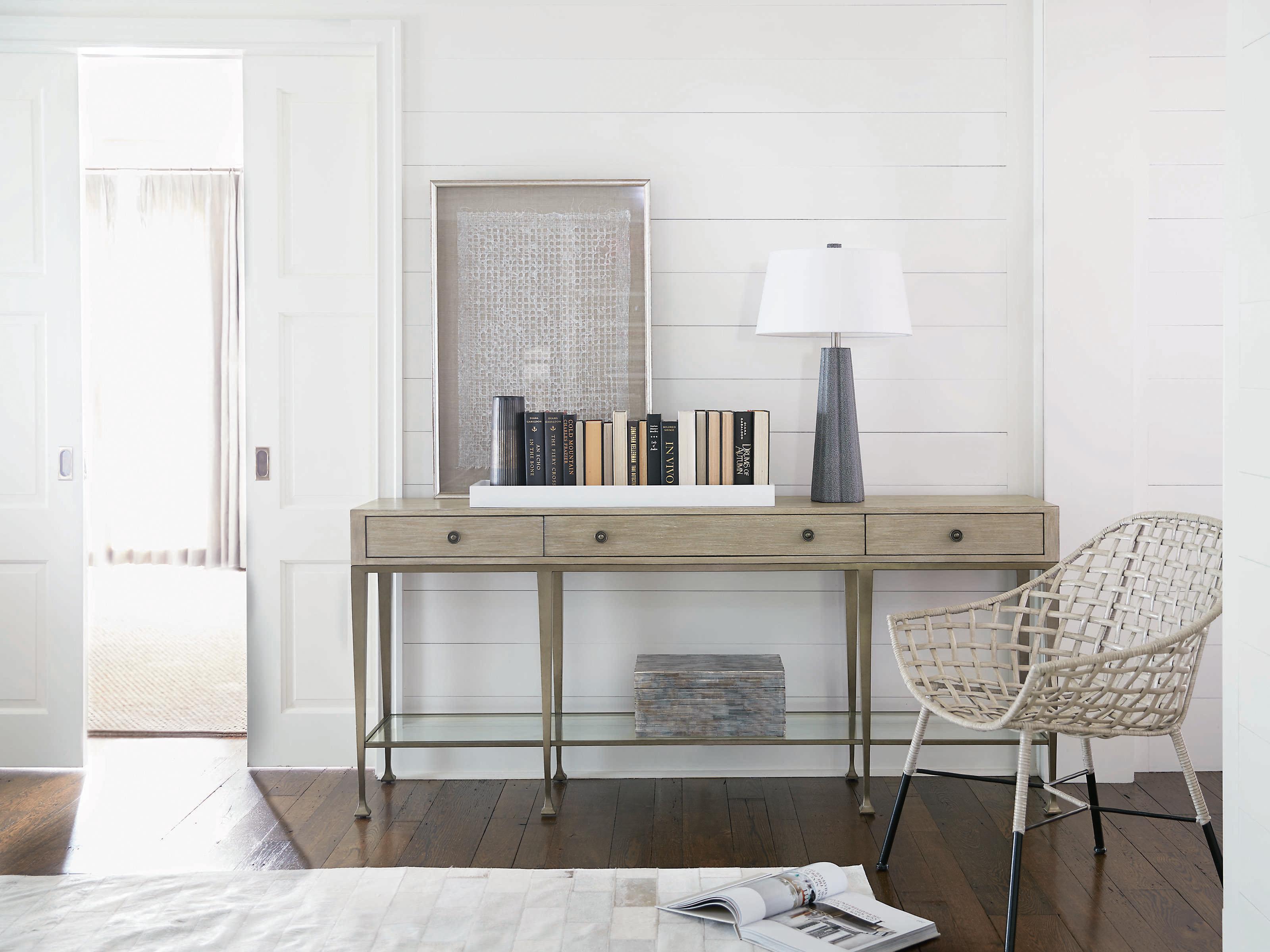 Bernhardt Santa Barbara Rectangular Wood Sandstone Vintage Nickel Metal Console Table