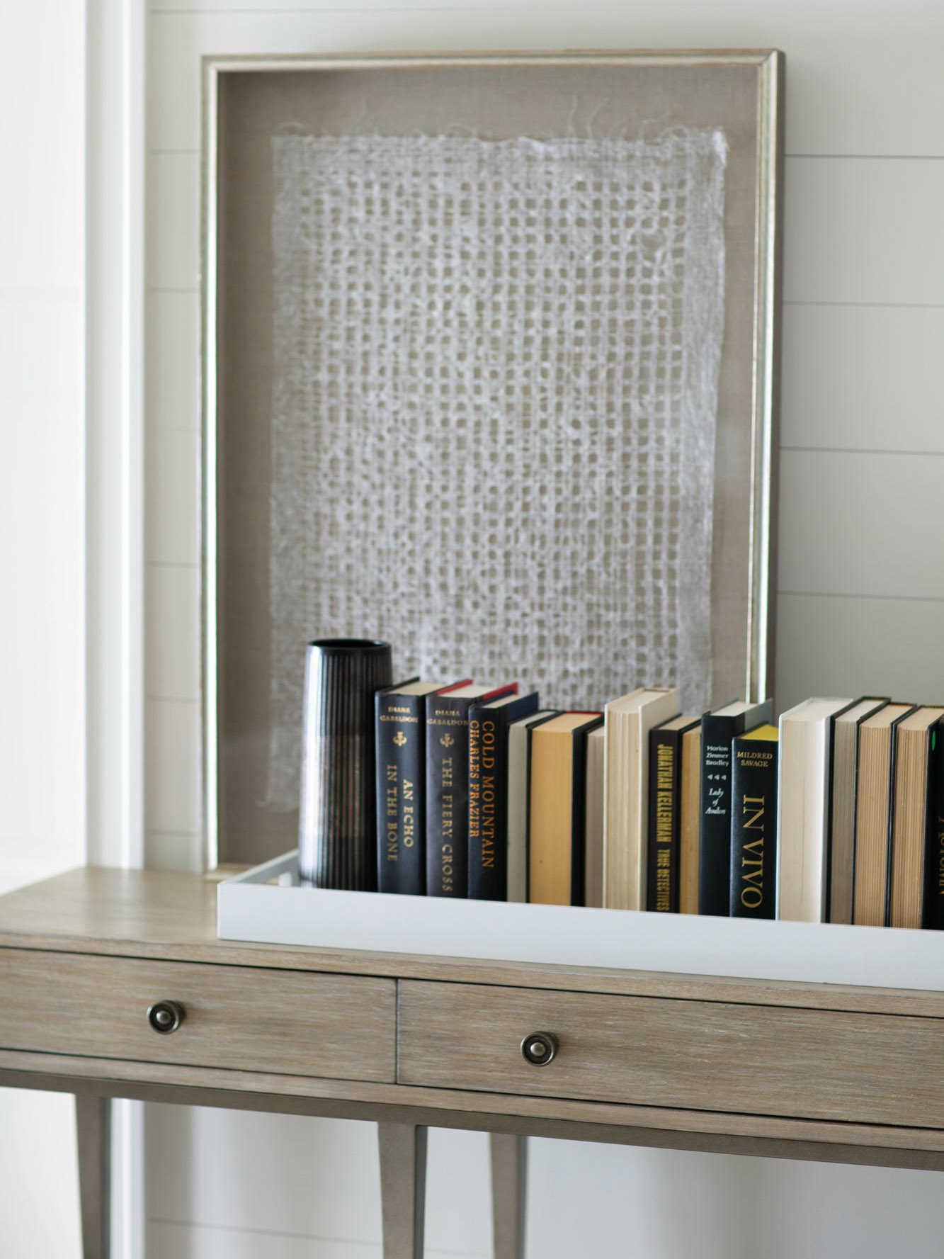 Bernhardt Santa Barbara Rectangular Wood Sandstone Vintage Nickel Metal Console Table