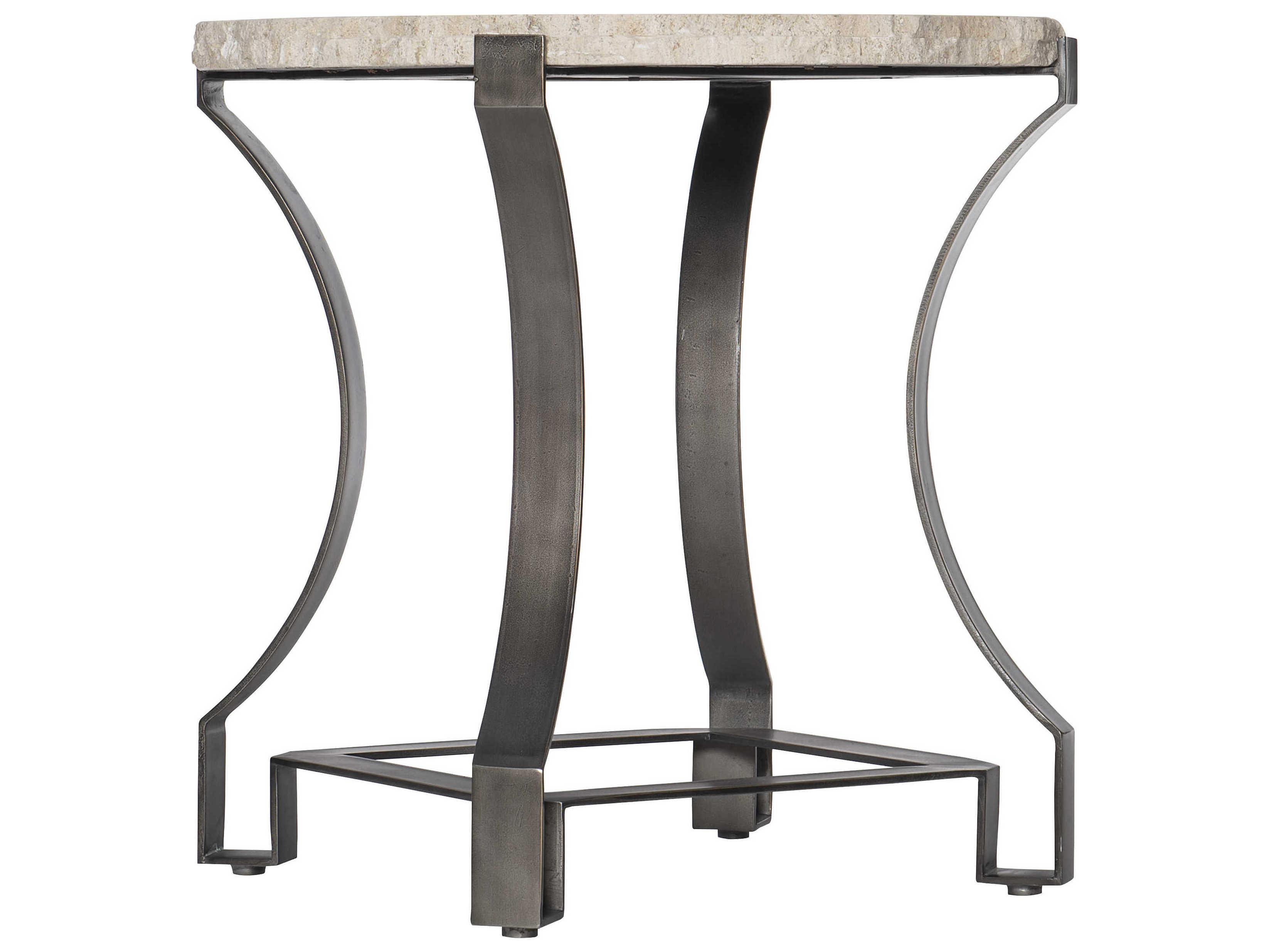 Bernhardt Sayers Round Travertine Stone Bronze End Table