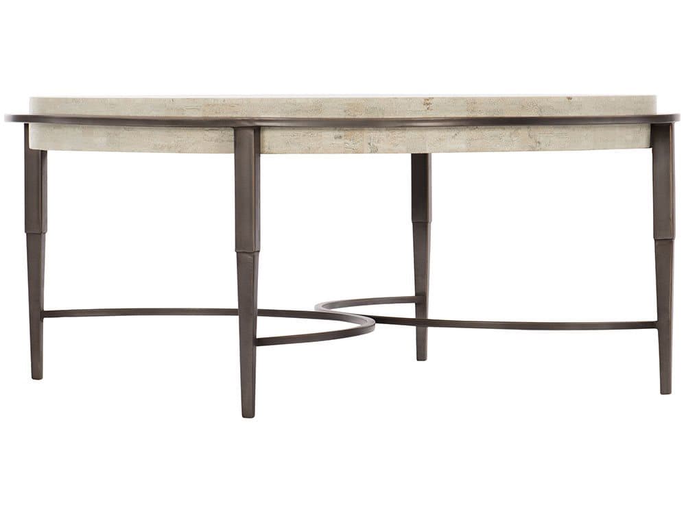 Bernhardt Barclay Round White Travertine Stone Antique Pewter Cocktail Table