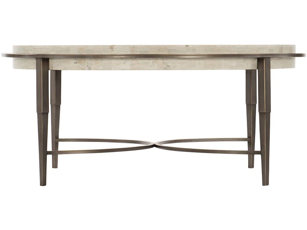 Bernhardt Barclay Round White Travertine Stone Antique Pewter Cocktail Table