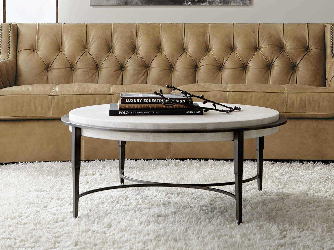 Bernhardt Barclay Round White Travertine Stone Antique Pewter Cocktail Table