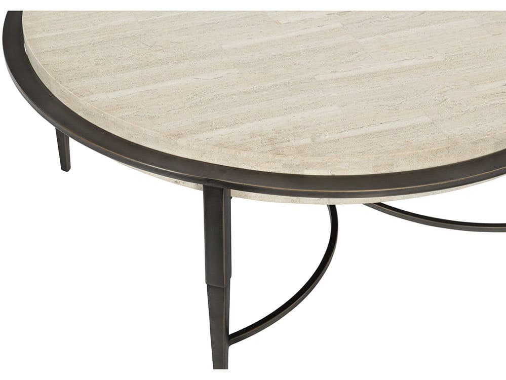 Bernhardt Barclay Round White Travertine Stone Antique Pewter Cocktail Table