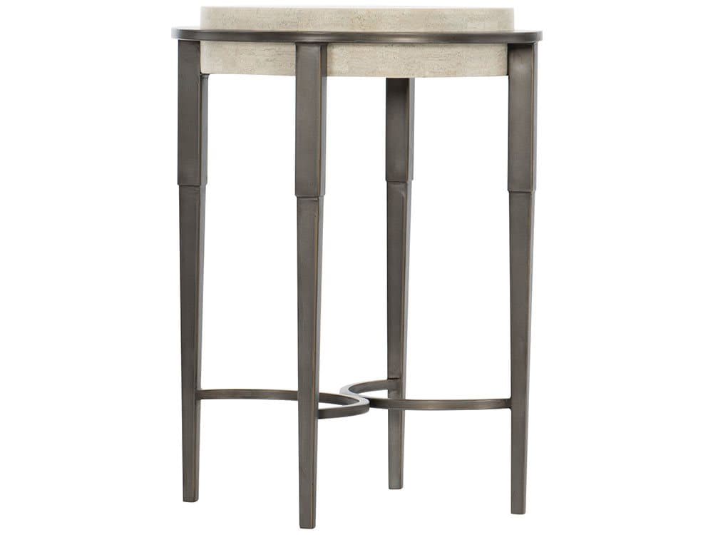 Bernhardt Barclay Round White Travertine Stone Antique Pewter Accent Table