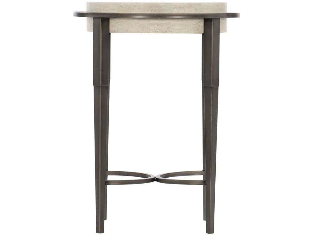 Bernhardt Barclay Round White Travertine Stone Antique Pewter Accent Table