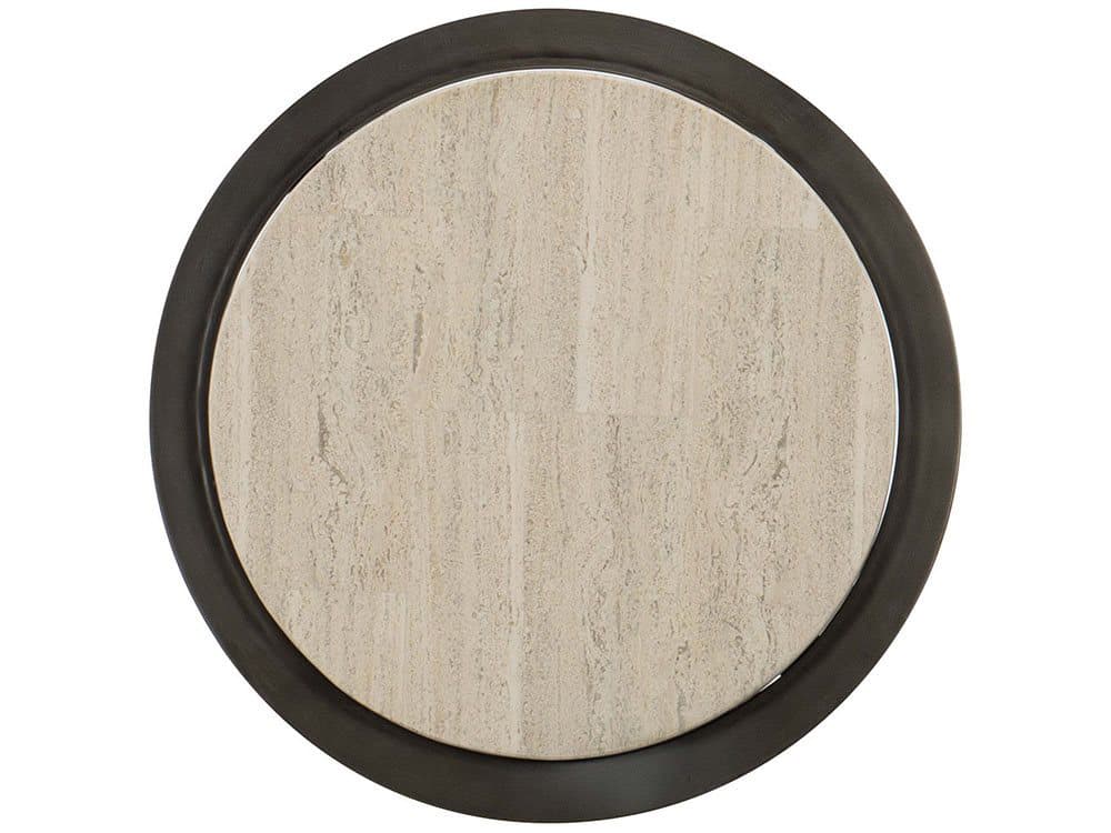Bernhardt Barclay Round White Travertine Stone Antique Pewter Accent Table