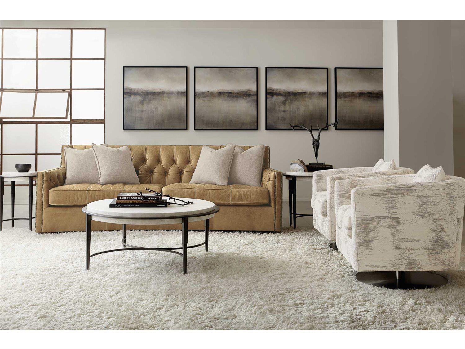 Bernhardt Barclay Round White Travertine Stone Antique Pewter Accent Table