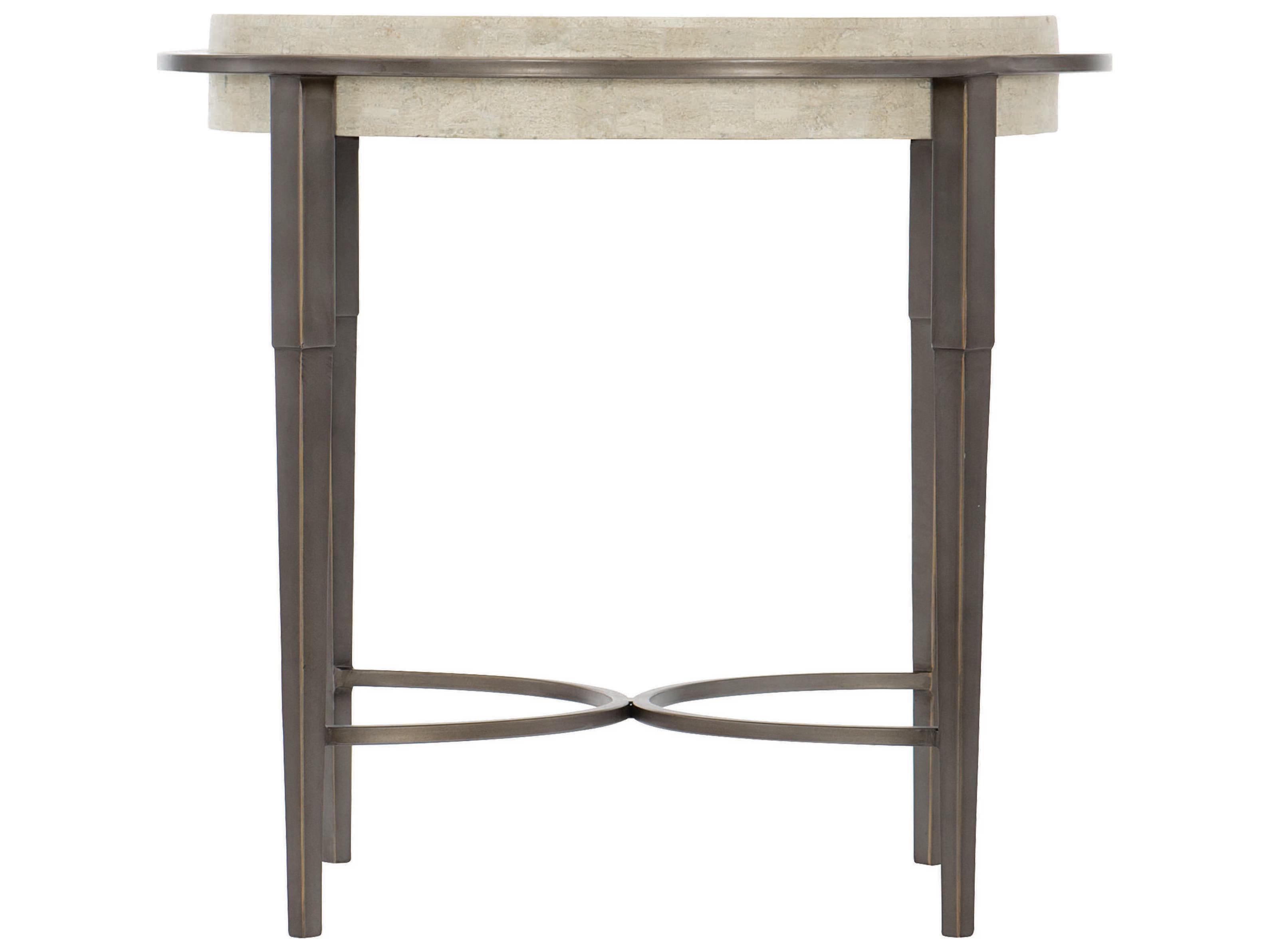 Bernhardt Round White Travertine Stone Antique Pewter End Table