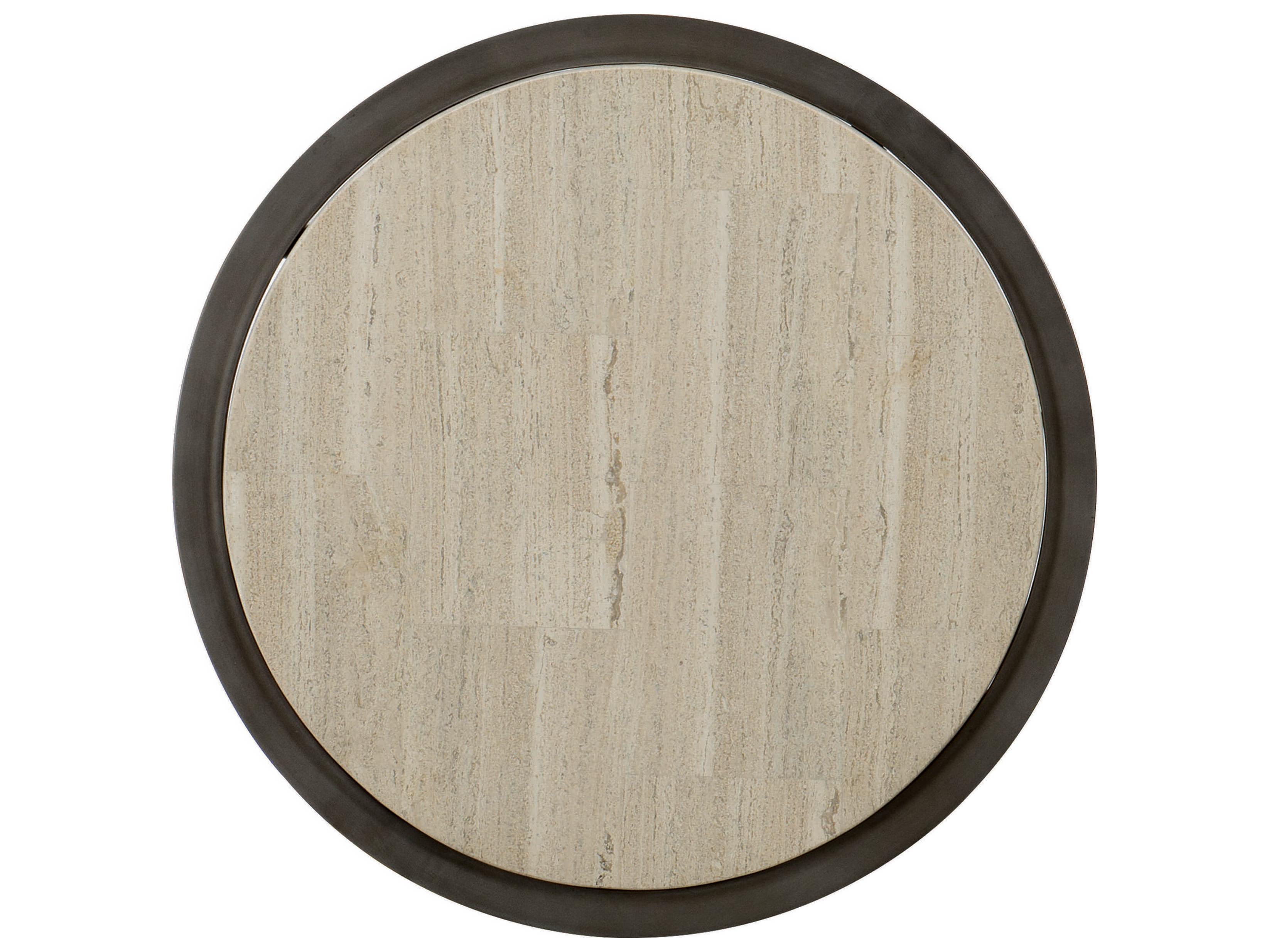 Bernhardt Round White Travertine Stone Antique Pewter End Table