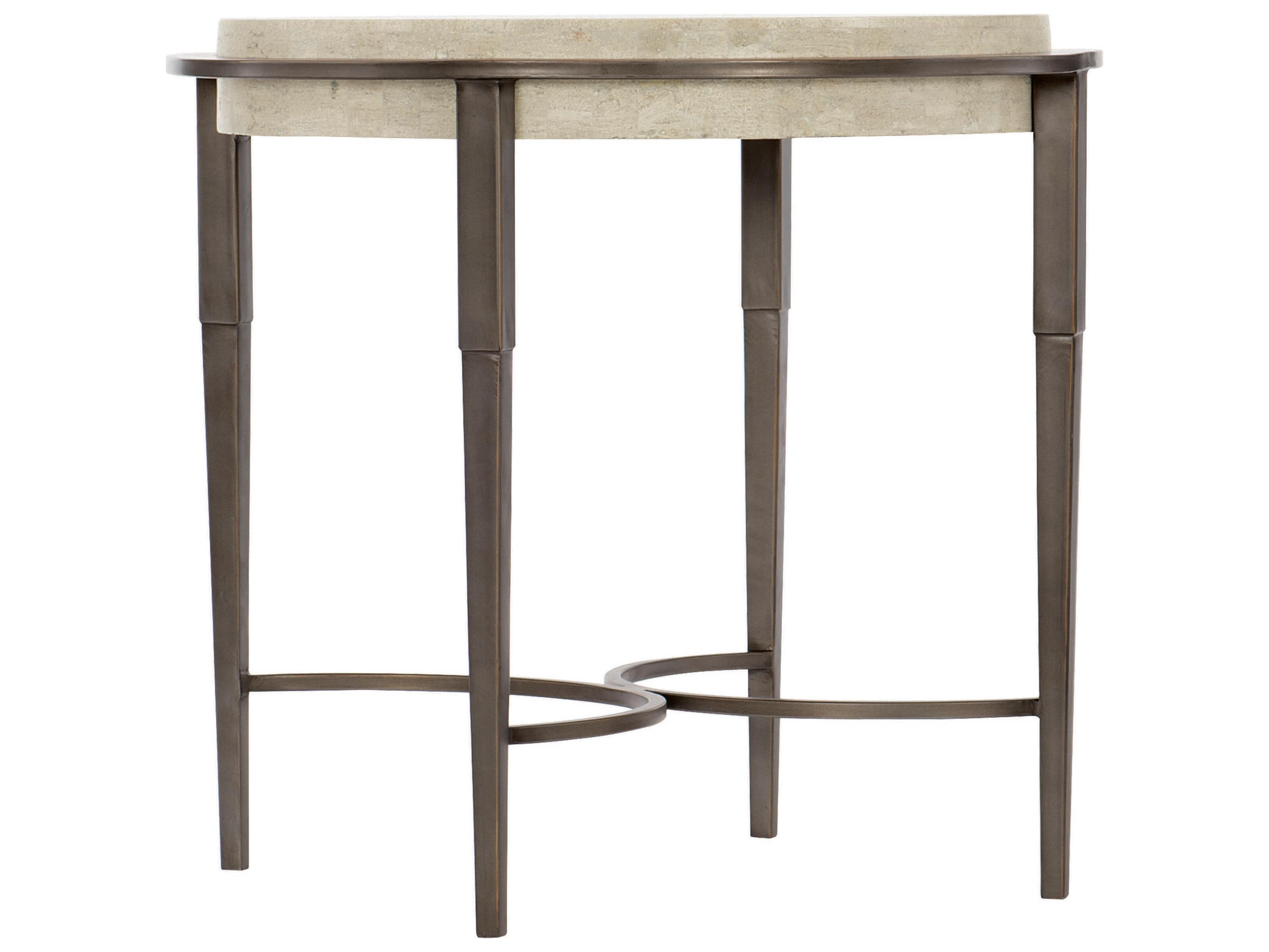 Bernhardt Round White Travertine Stone Antique Pewter End Table