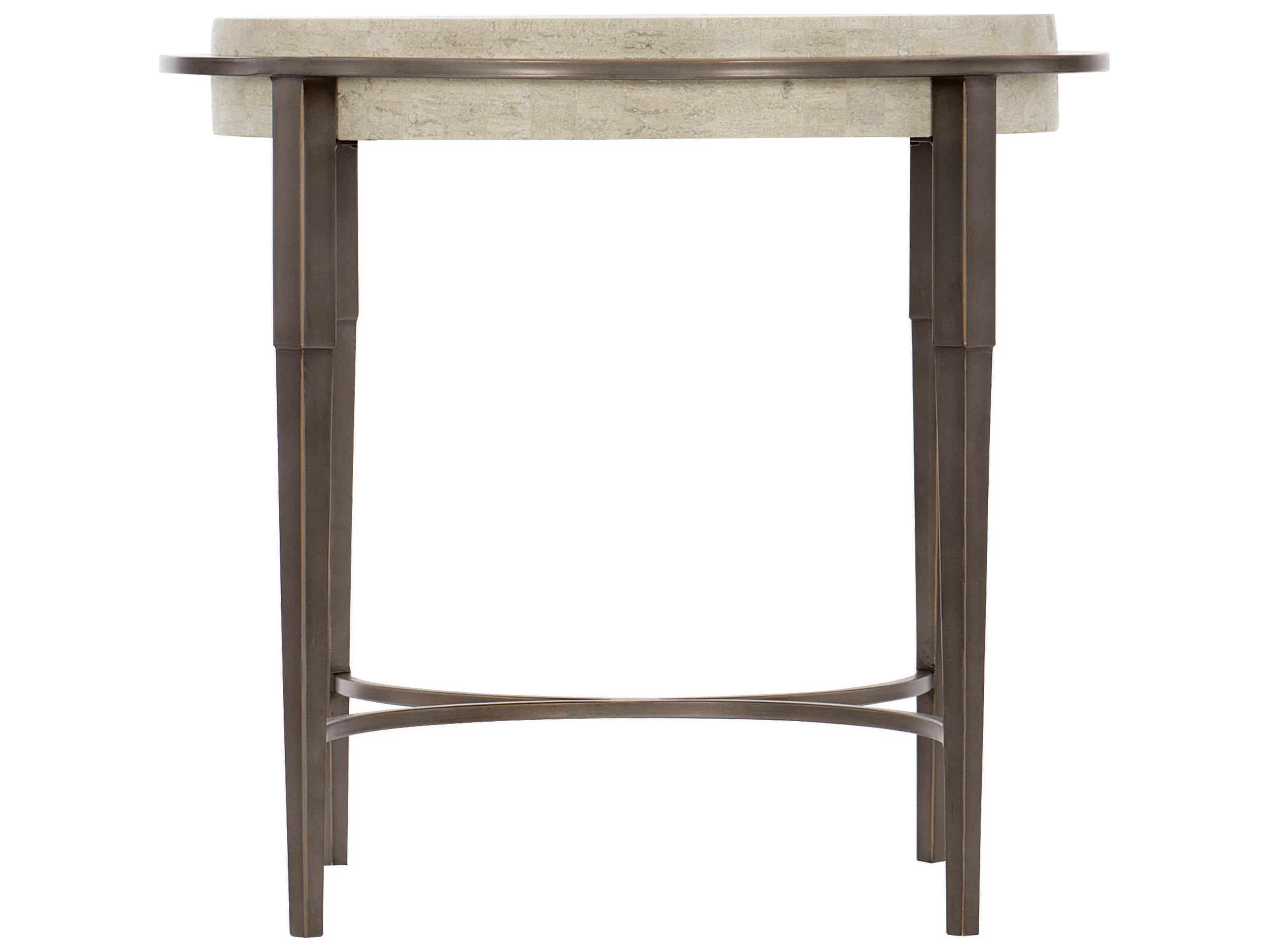 Bernhardt Round White Travertine Stone Antique Pewter End Table
