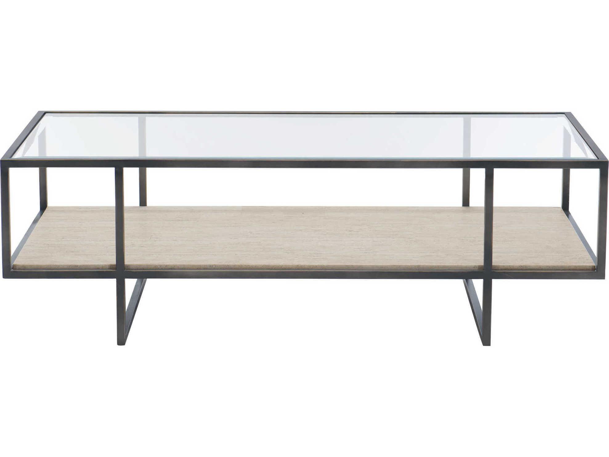 Bernhardt Freestanding Occasional Harlow Rectangular Glass Bronze White Travertine Stone Clear Cocktail Table