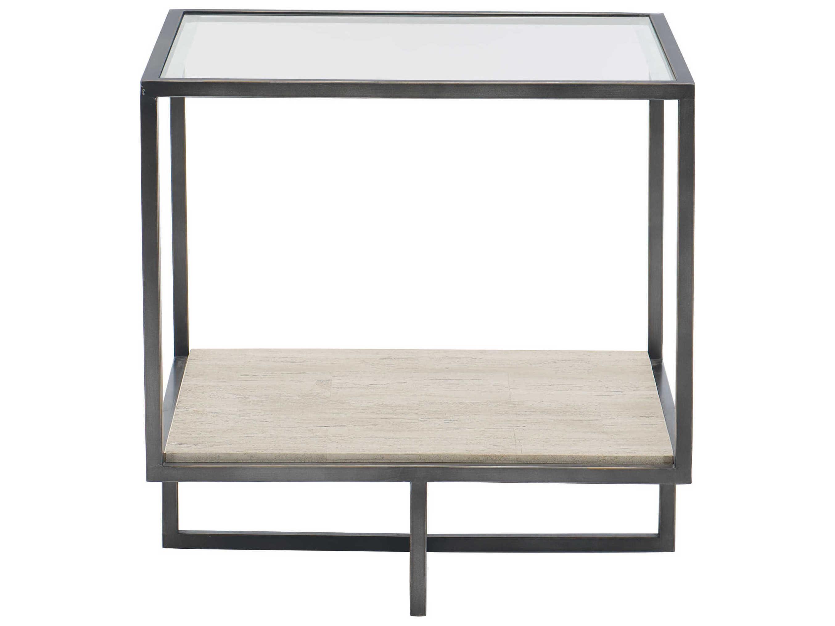 Bernhardt Freestanding Occasional Harlow Square Glass Bronze White Travertine Stone Clear End Table