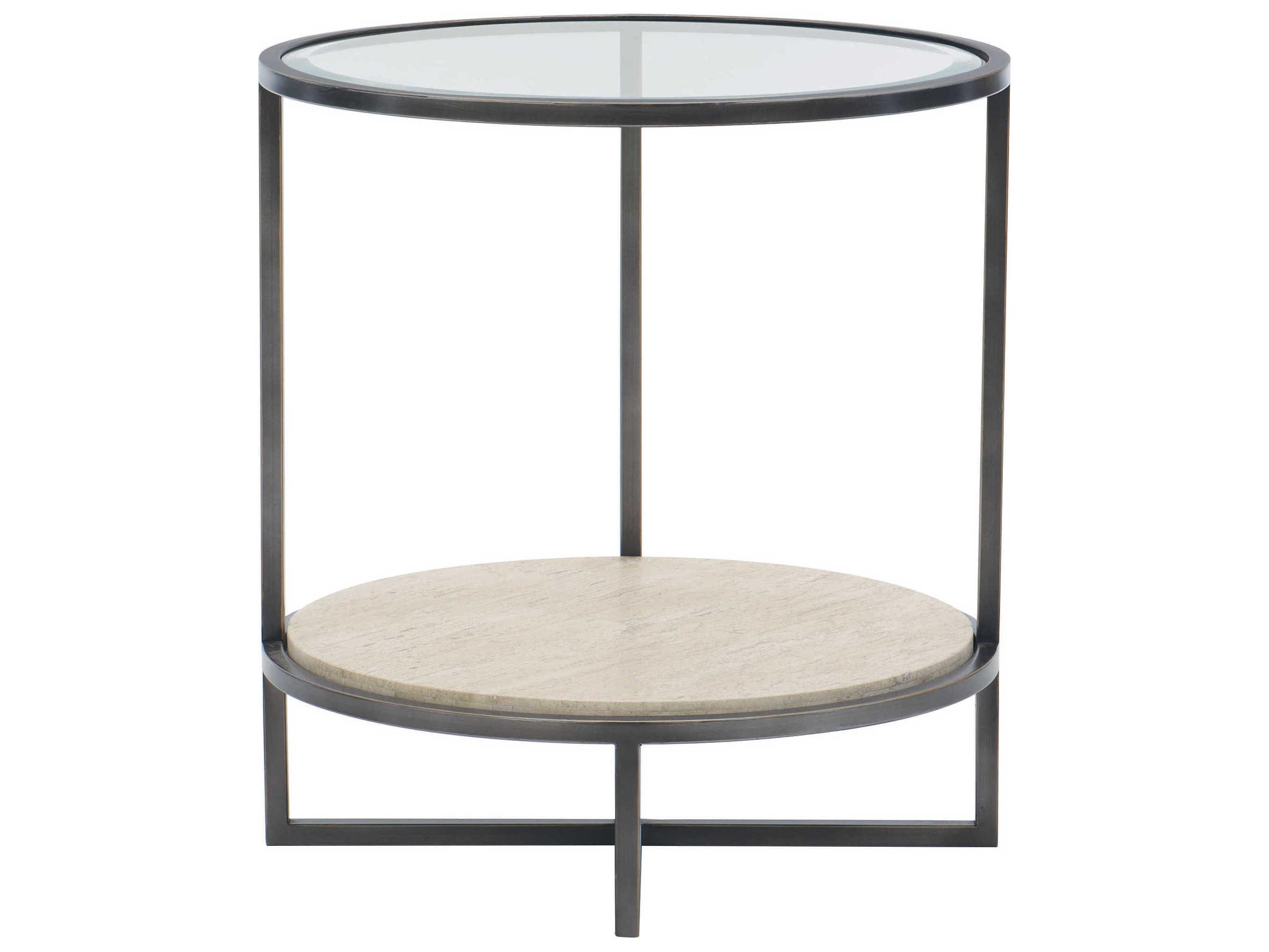 Bernhardt Freestanding Occasional Harlow Round Glass Bronze White Travertine Stone Clear Chairside Table