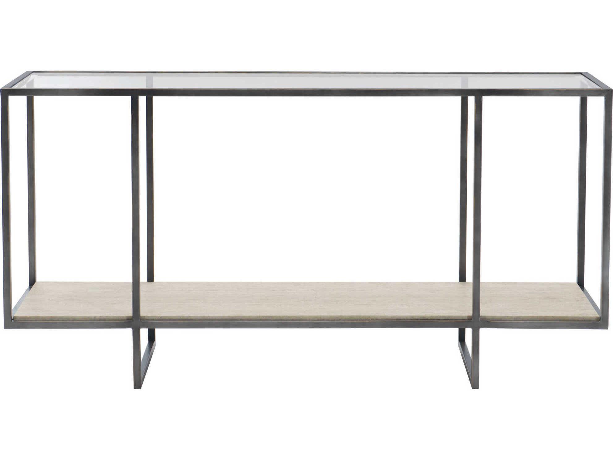 Bernhardt Freestanding Occasional Harlow Rectangular Glass Bronze White Travertine Stone Clear Console Table