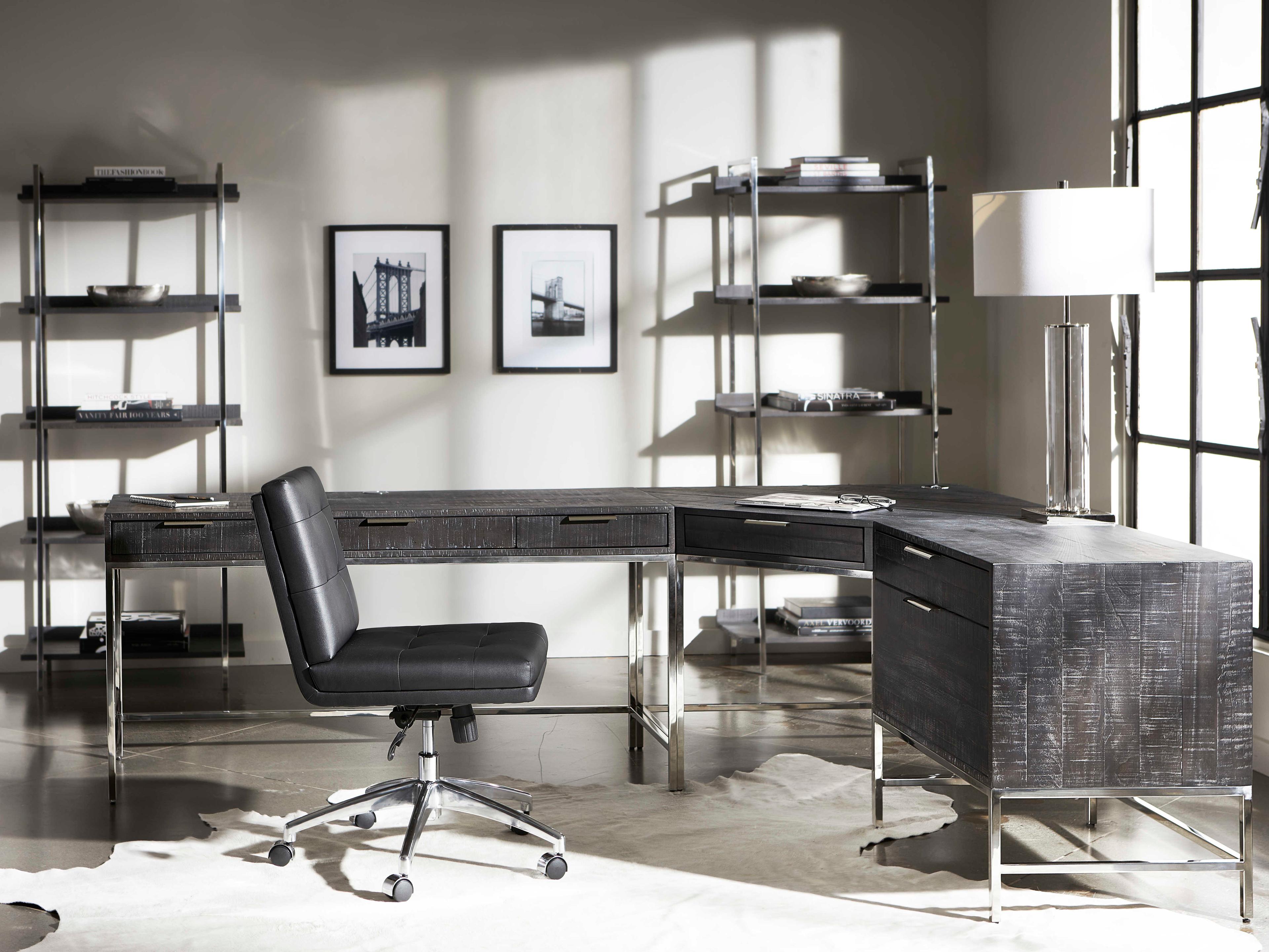 Bernhardt Logan Square Coleman Cinder Gray Mist Black Pine Wood Corner Desk