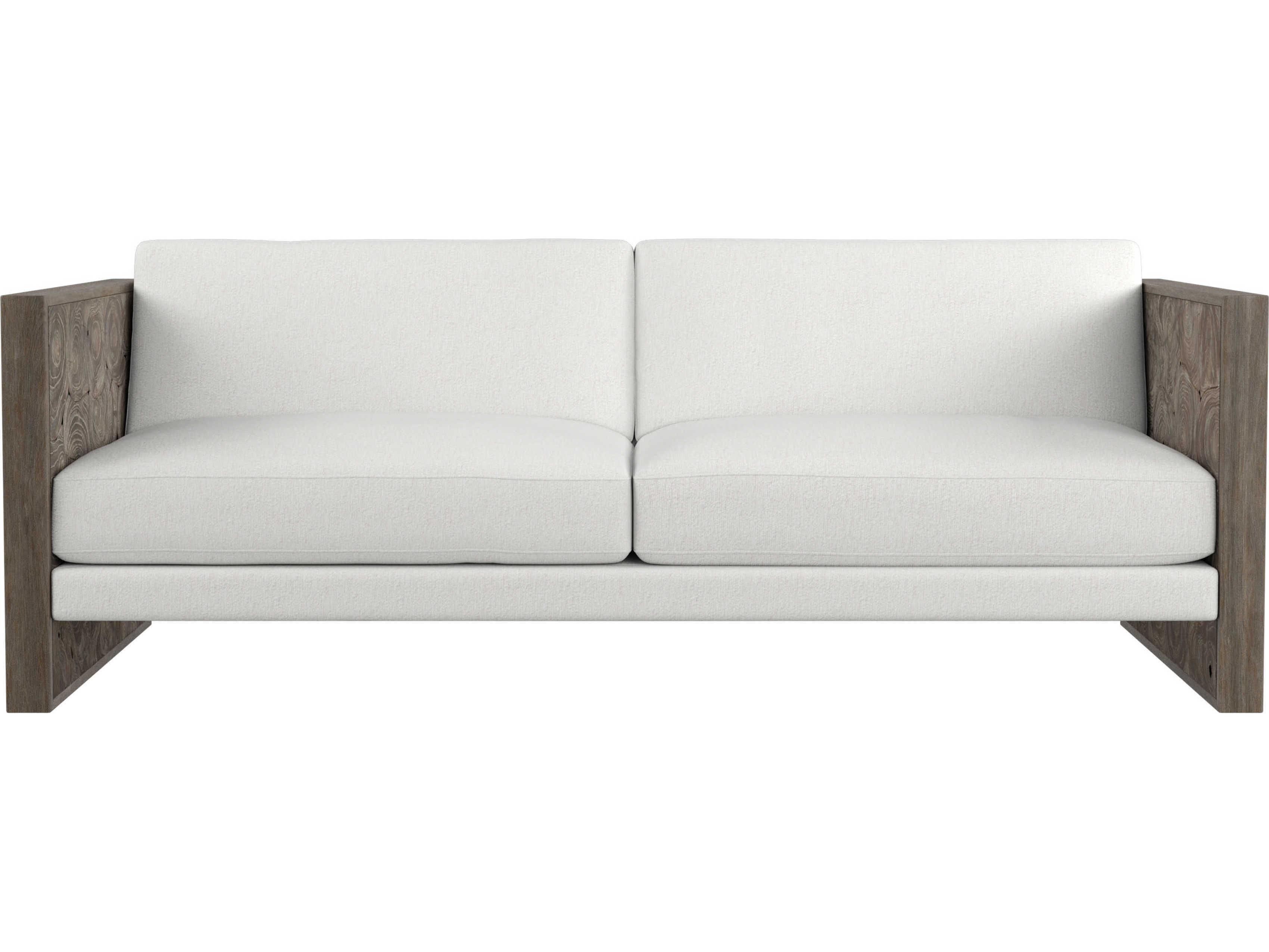 Bernhardt Exteriors Smoked Truffle Fabric Teak Wood Cushion Outdoor Patio Sofa