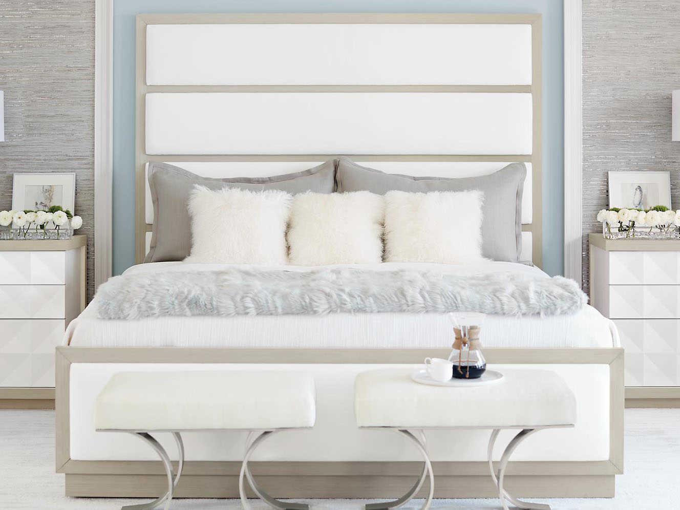 Bernhardt Axiom Linear Gray Beige Poplar Wood Upholstered Queen Panel Bed