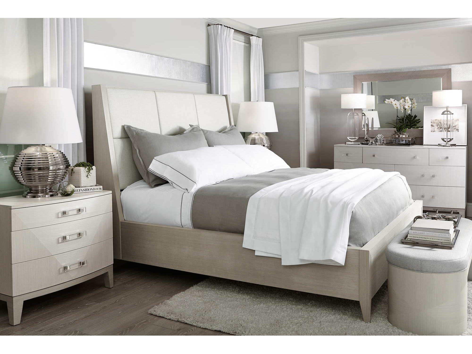 Bernhardt Axiom Linear Gray Beige Poplar Wood Upholstered Queen Panel Bed