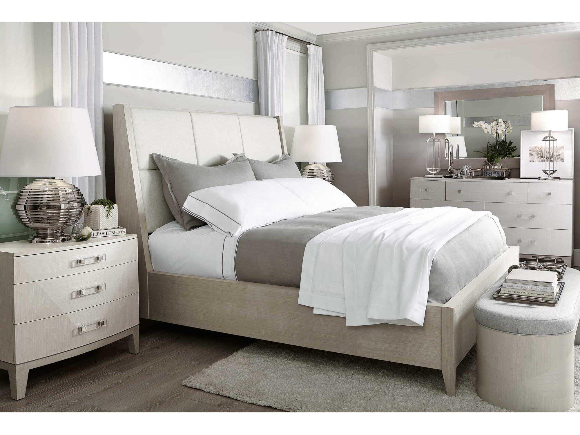 Bernhardt Axiom Linear Gray Beige Poplar Wood Upholstered King Panel Bed