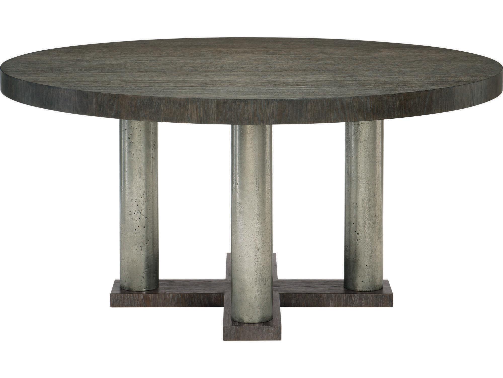 Bernhardt Linea Round Wood Cerused Charcoal Textured Graphite Metal Dining Table