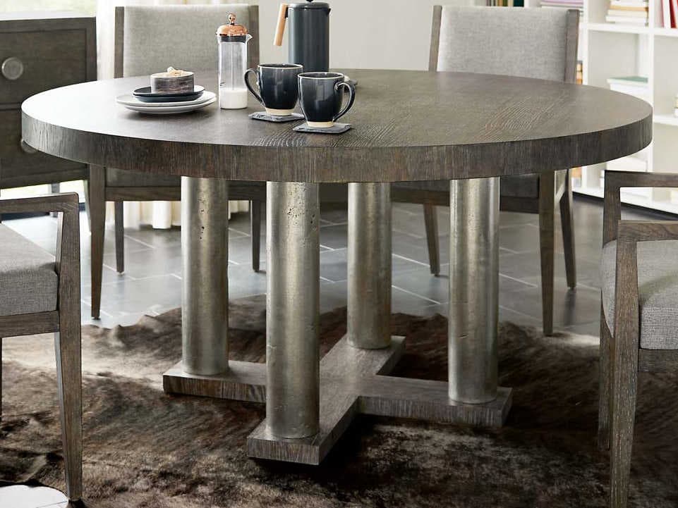 Bernhardt Linea Round Wood Cerused Charcoal Textured Graphite Metal Dining Table
