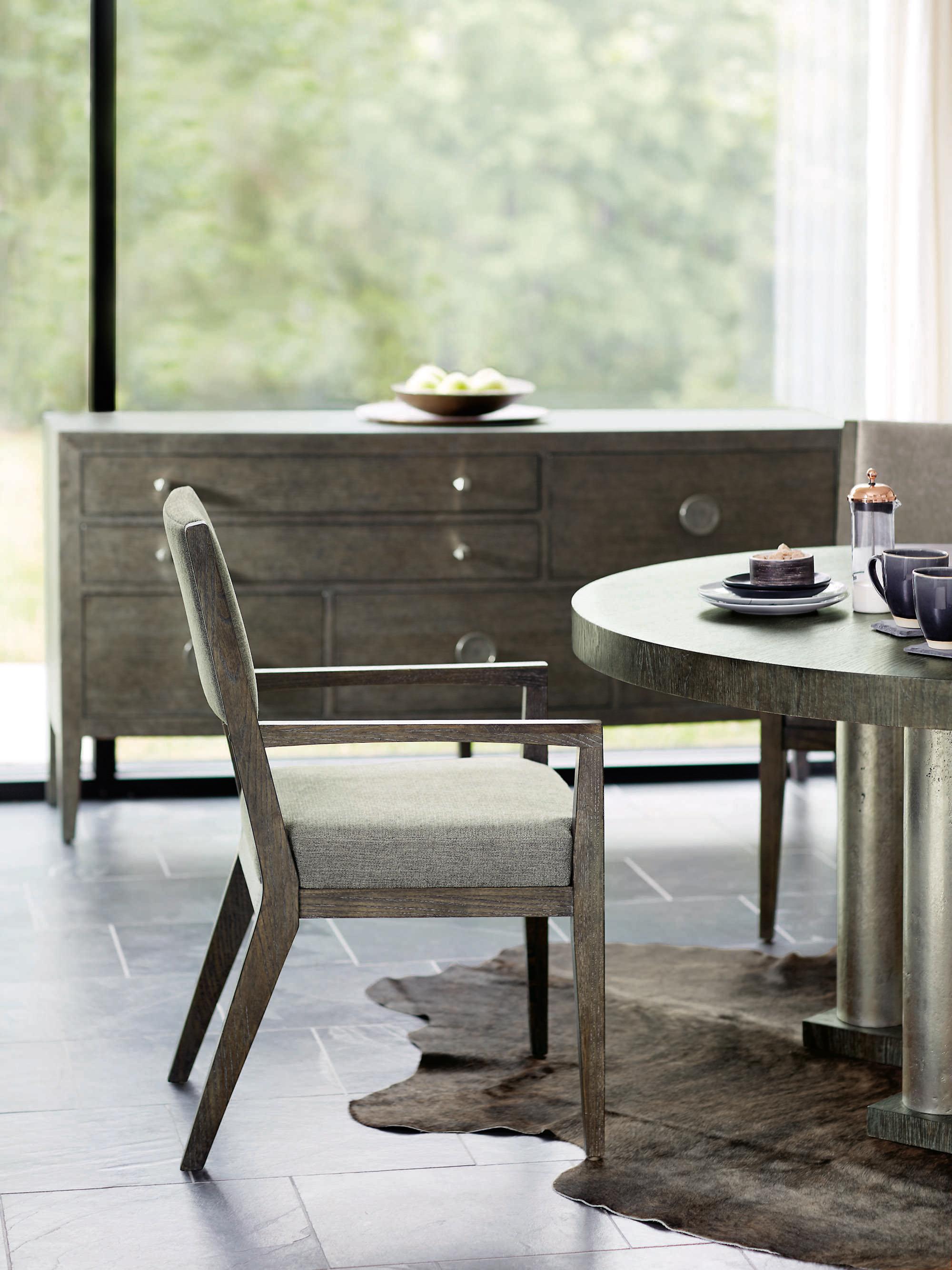 Bernhardt Linea Round Wood Cerused Charcoal Textured Graphite Metal Dining Table