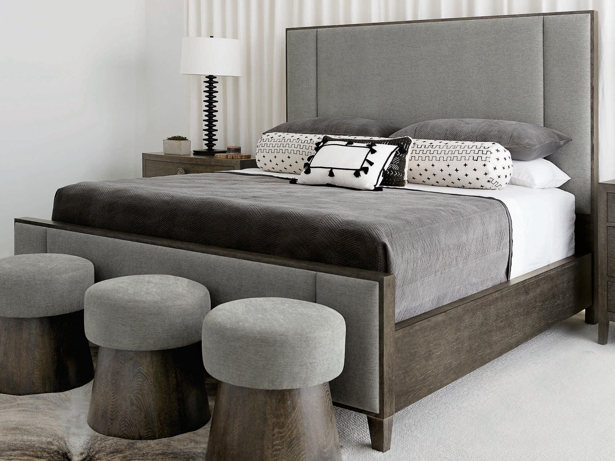 Bernhardt Linea Cerused Charcoal Gray Oak Wood Upholstered King Panel Bed
