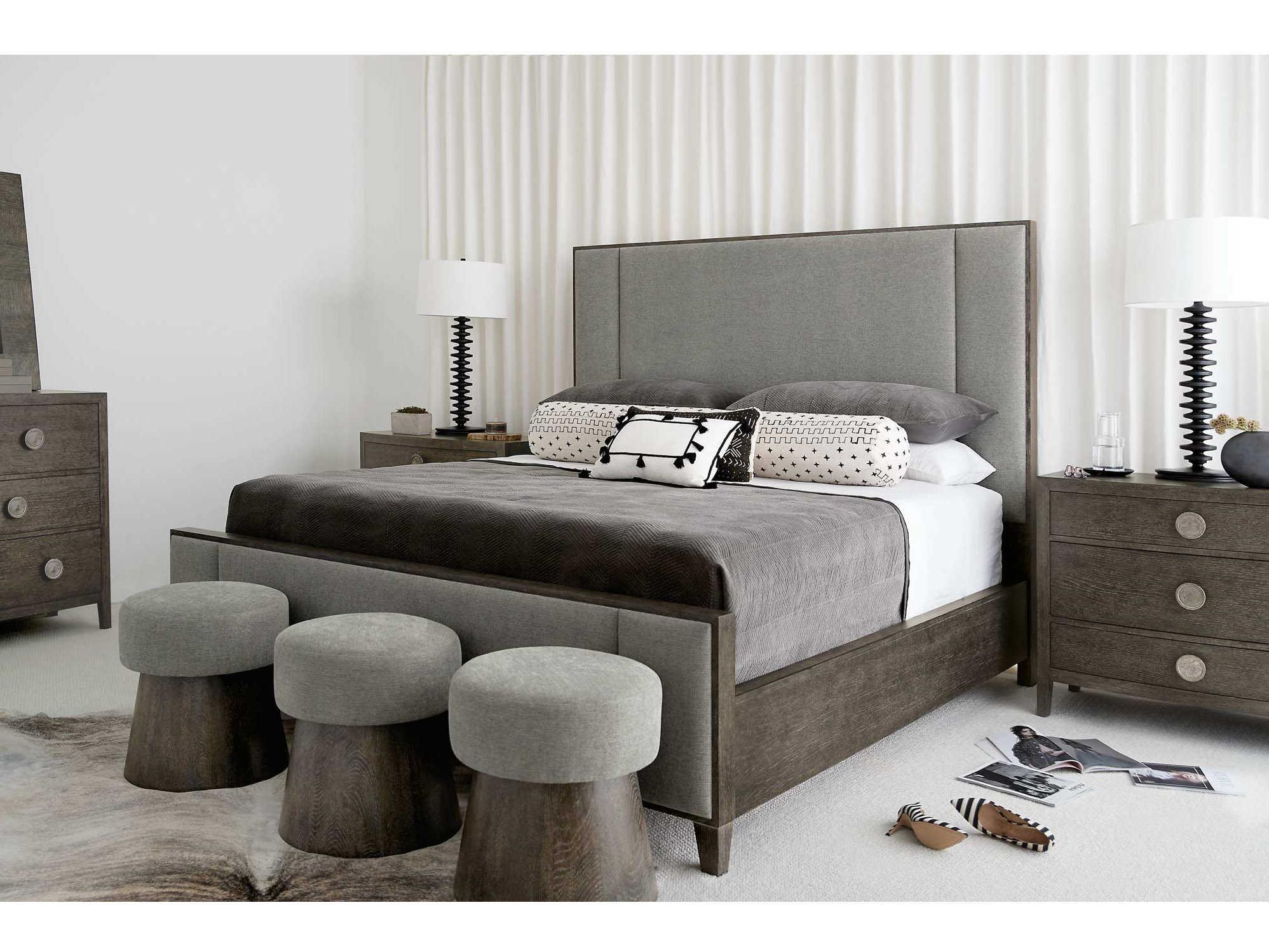 Bernhardt Linea Cerused Charcoal Gray Oak Wood Upholstered King Panel Bed