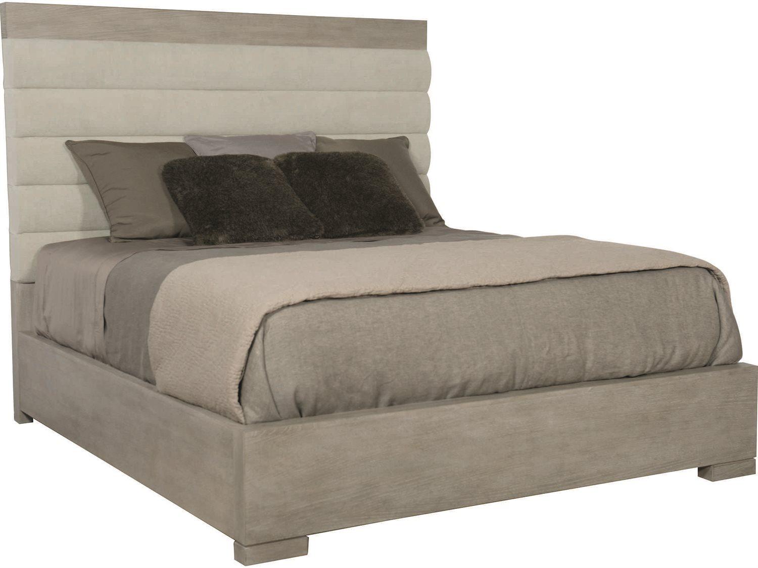 Bernhardt Linea Channel Cerused Greige Beige Oak Wood Upholstered Queen Platform Bed