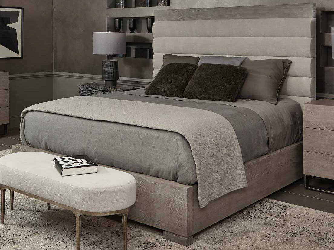 Bernhardt Linea Channel Cerused Greige Beige Oak Wood Upholstered Queen Platform Bed