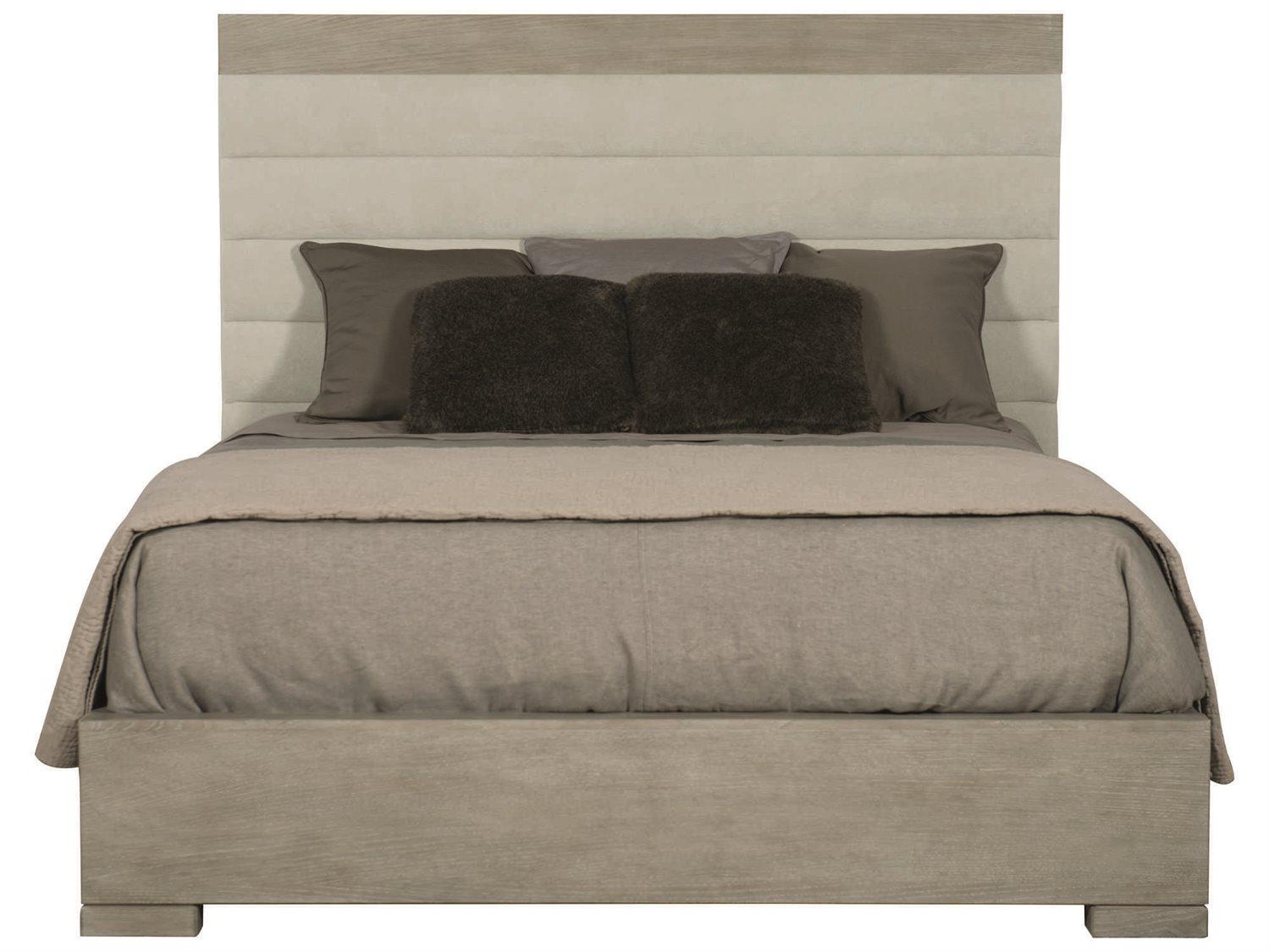 Bernhardt Linea Channel Cerused Greige Beige Oak Wood Upholstered King Platform Bed
