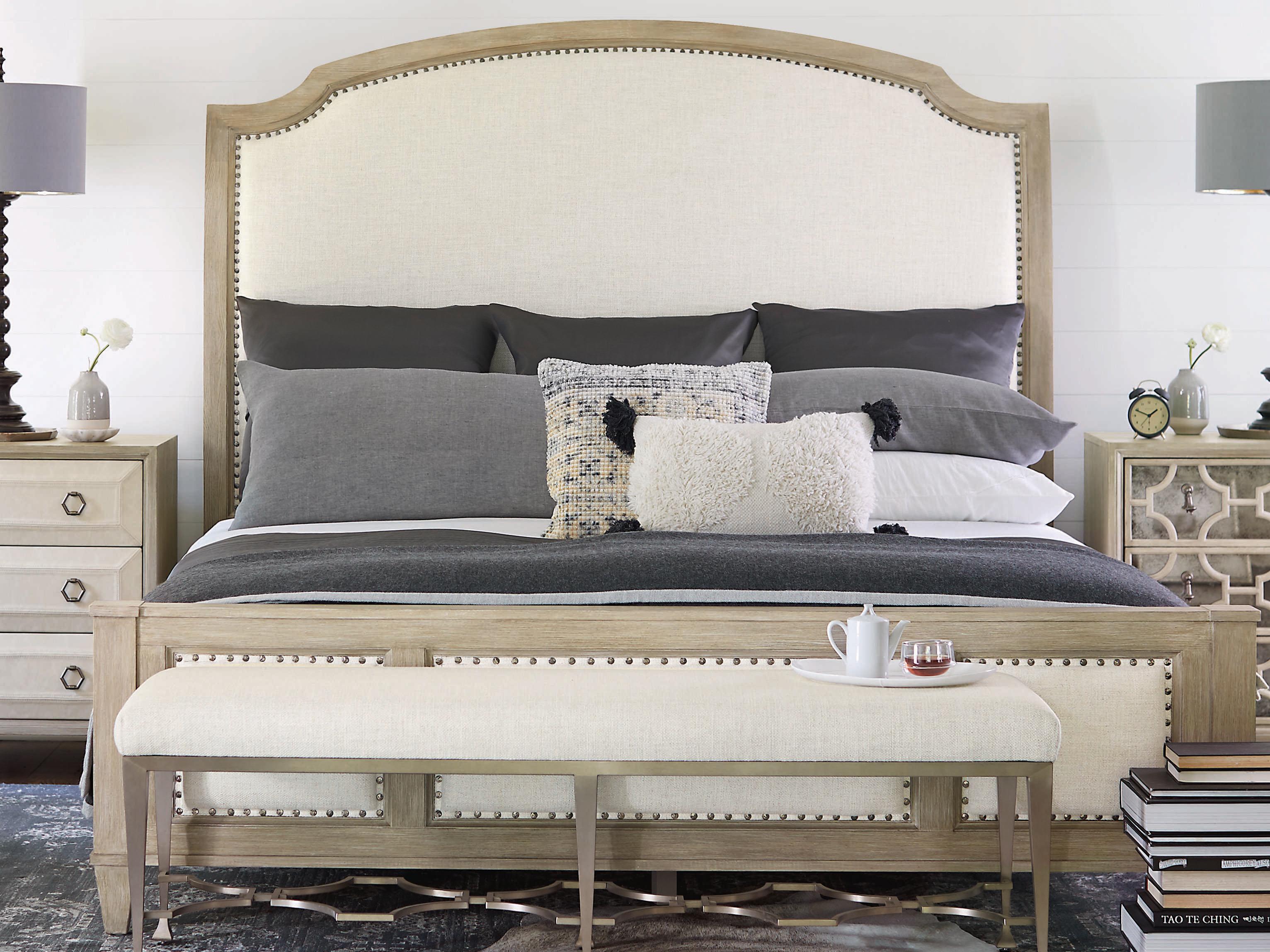 Bernhardt Santa Barbara Sandstone Beige Oak Wood Upholstered Queen Sleigh Bed