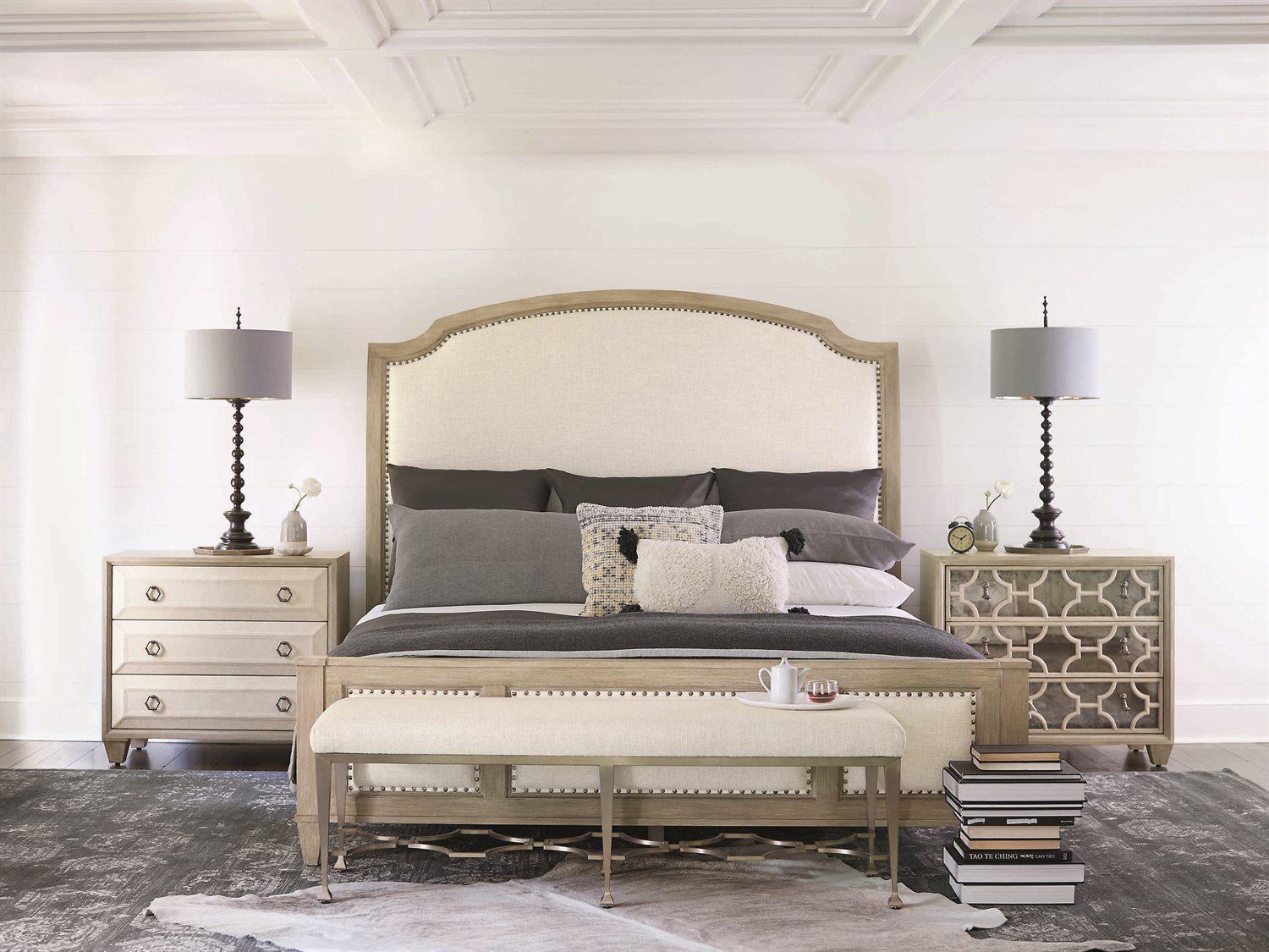 Bernhardt Santa Barbara Sandstone Beige Oak Wood Upholstered Queen Sleigh Bed