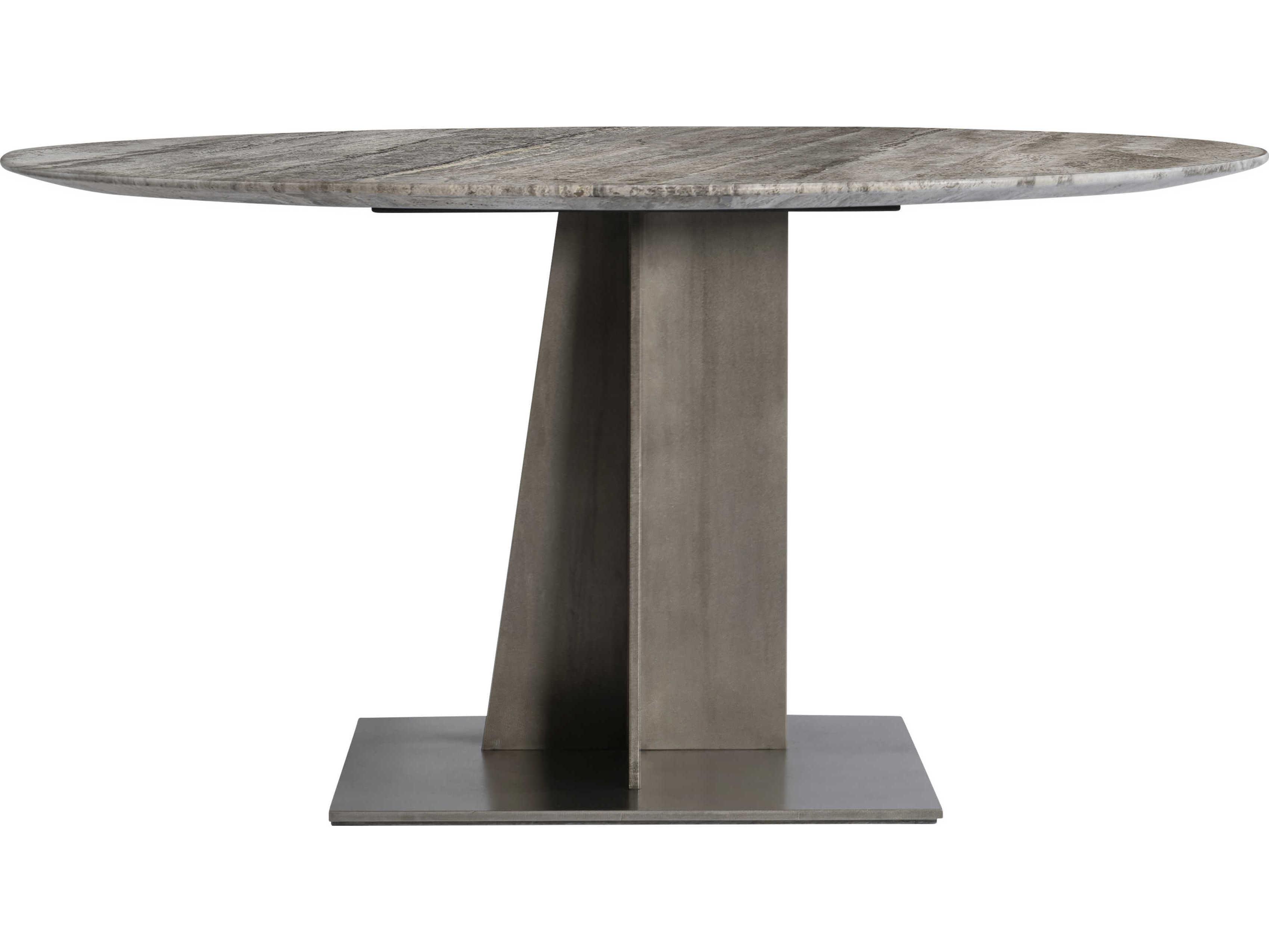 Bernhardt Interiors Equis Round Honed Silver Travertine Stone Graphite Dining Table