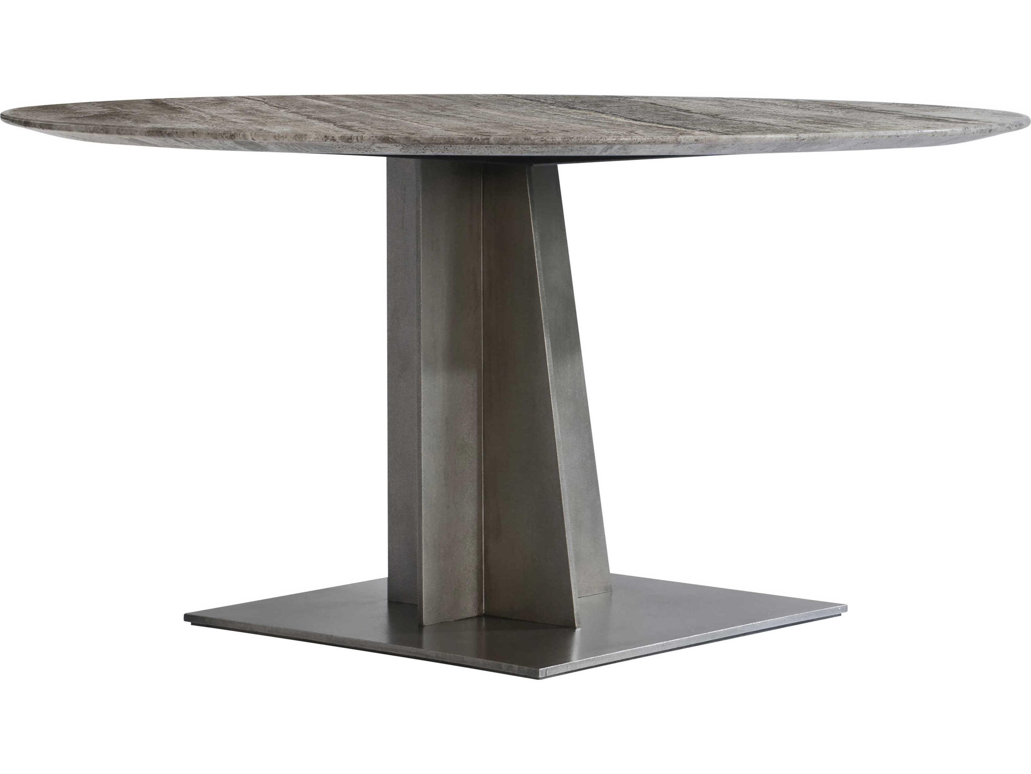 Bernhardt Interiors Equis Round Honed Silver Travertine Stone Graphite Dining Table
