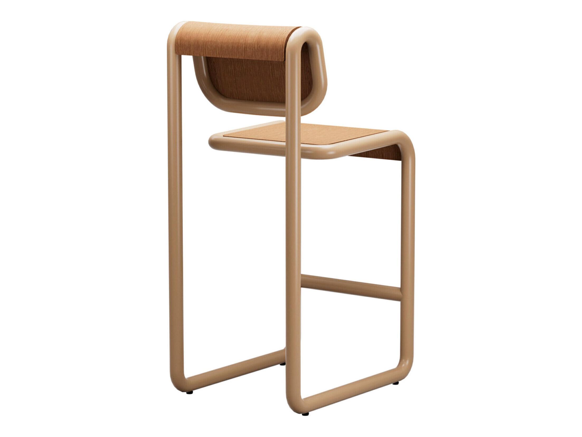 Bend Goods Tube Tan Frame With Wooden Seat And Back Plywood Bar Stool