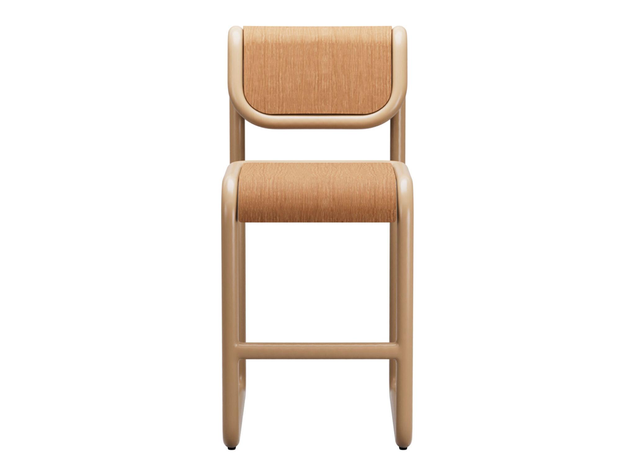 Bend Goods Tube Tan Frame With Wooden Seat And Back Plywood Counter Stool