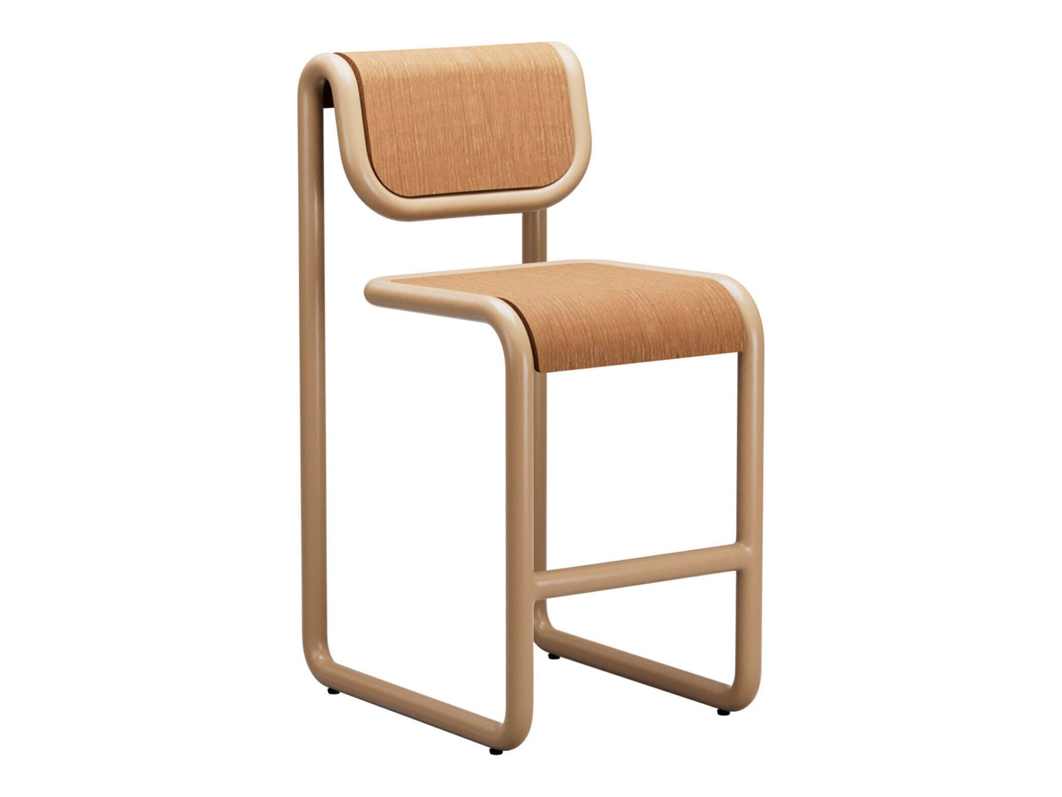 Bend Goods Tube Tan Frame With Wooden Seat And Back Plywood Counter Stool