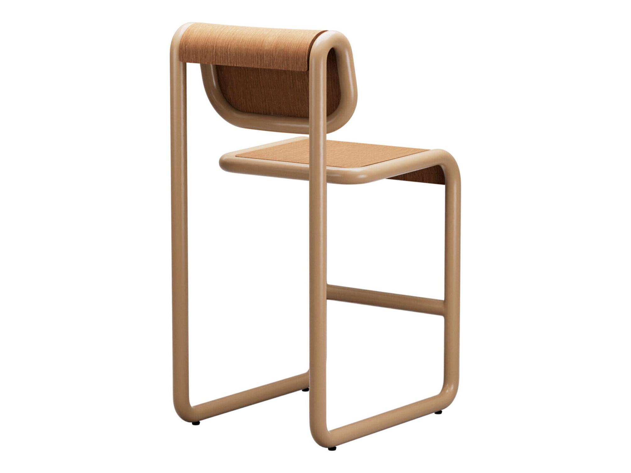 Bend Goods Tube Tan Frame With Wooden Seat And Back Plywood Counter Stool